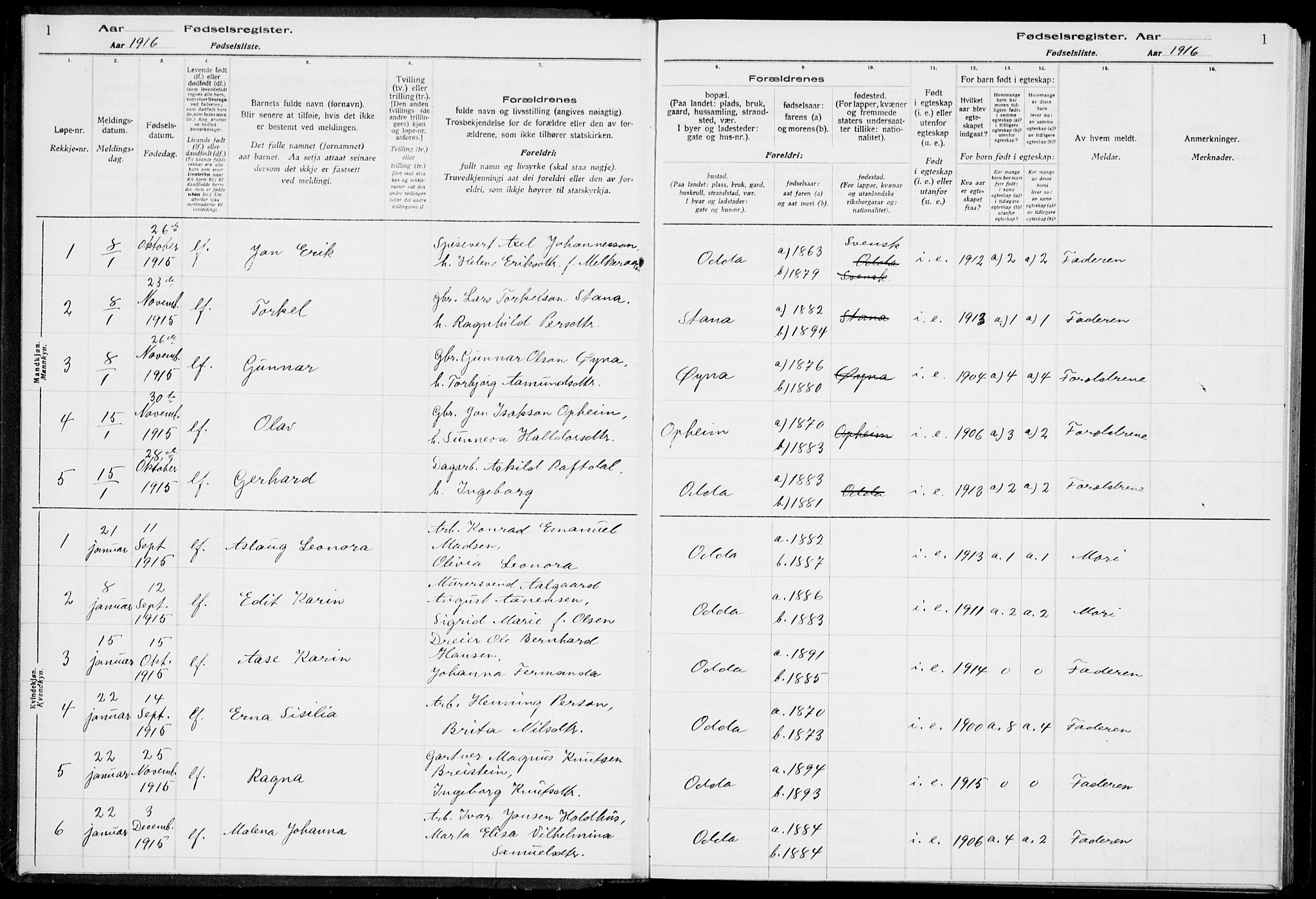 Odda Sokneprestembete, SAB/A-77201/I/Id/L00A1: Birth register no. A 1, 1916-1925, p. 1