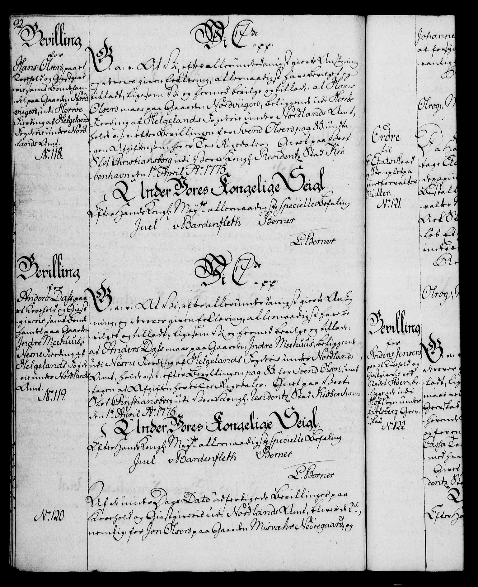 Rentekammeret, Kammerkanselliet, AV/RA-EA-3111/G/Gg/Gga/L0010: Norsk ekspedisjonsprotokoll med register (merket RK 53.10), 1773-1778, p. 92