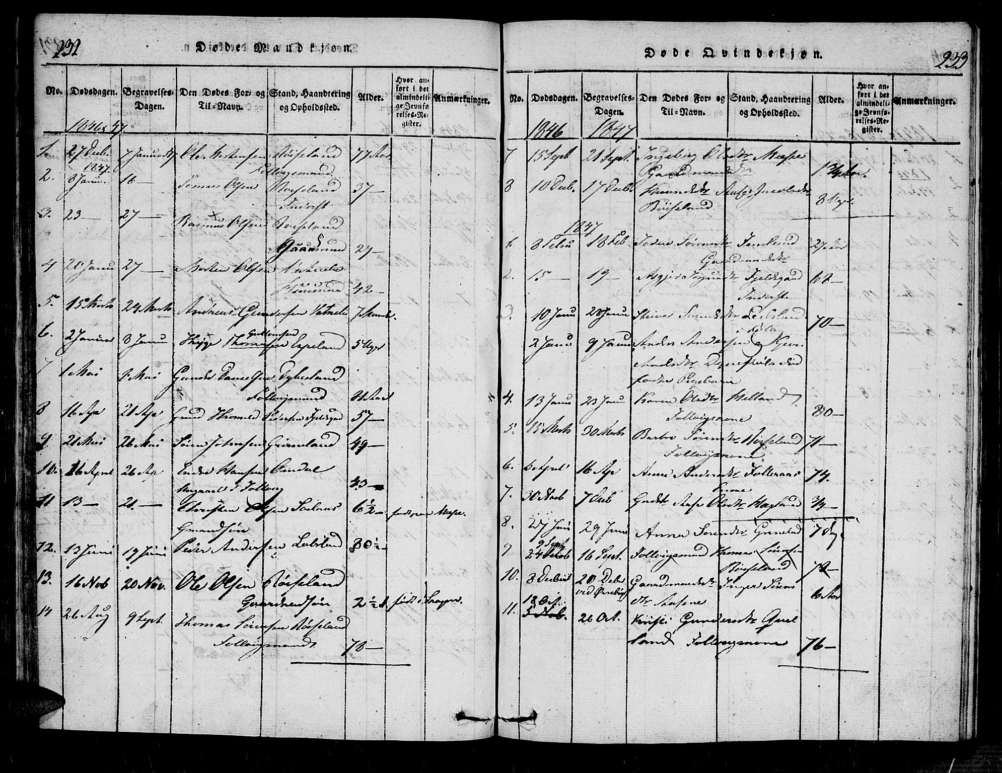 Bjelland sokneprestkontor, SAK/1111-0005/F/Fa/Fab/L0002: Parish register (official) no. A 2, 1816-1869, p. 232-233