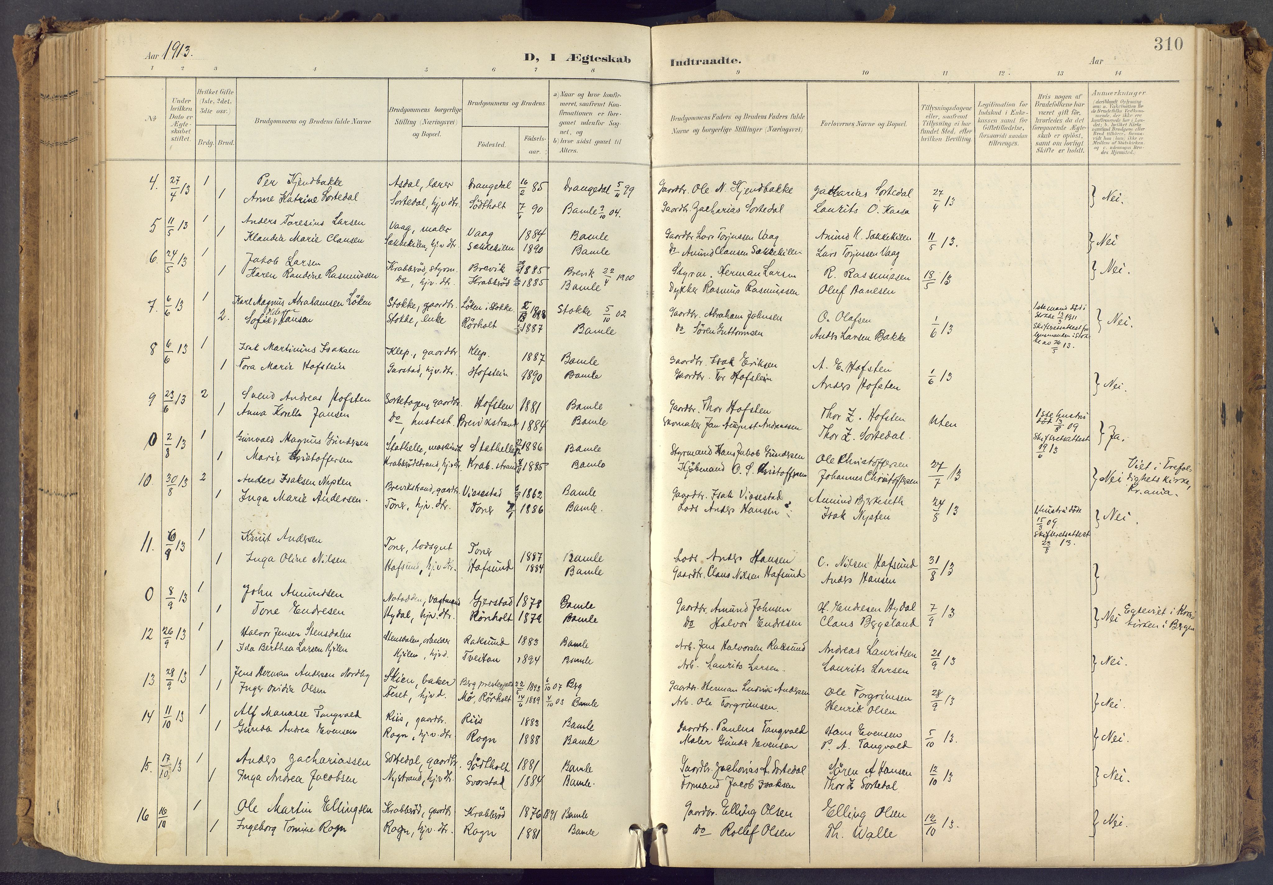 Bamble kirkebøker, SAKO/A-253/F/Fa/L0009: Parish register (official) no. I 9, 1901-1917, p. 310