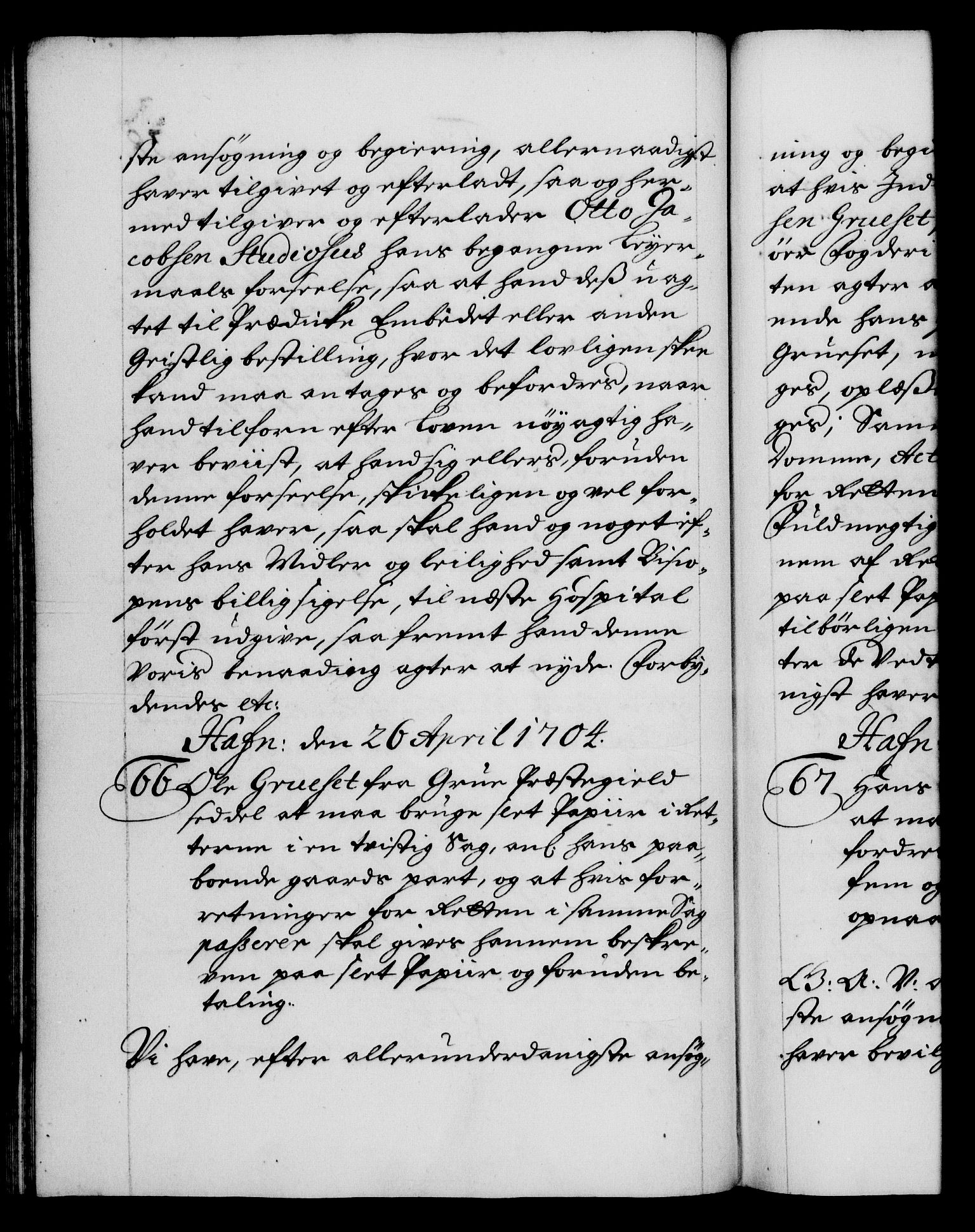 Danske Kanselli 1572-1799, AV/RA-EA-3023/F/Fc/Fca/Fcaa/L0019: Norske registre, 1704-1707, p. 38b