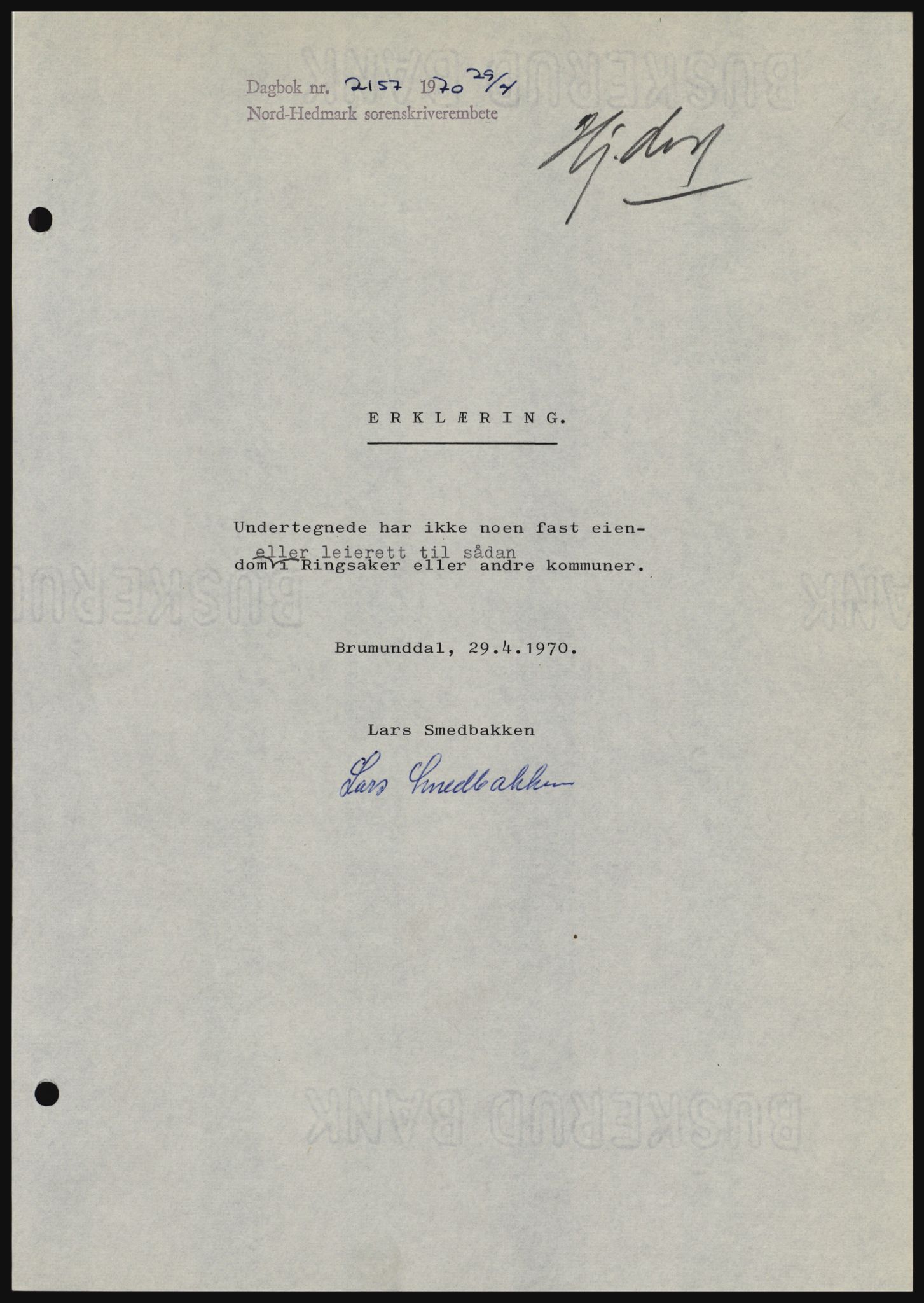 Nord-Hedmark sorenskriveri, SAH/TING-012/H/Hc/L0033: Mortgage book no. 33, 1970-1970, Diary no: : 2157/1970