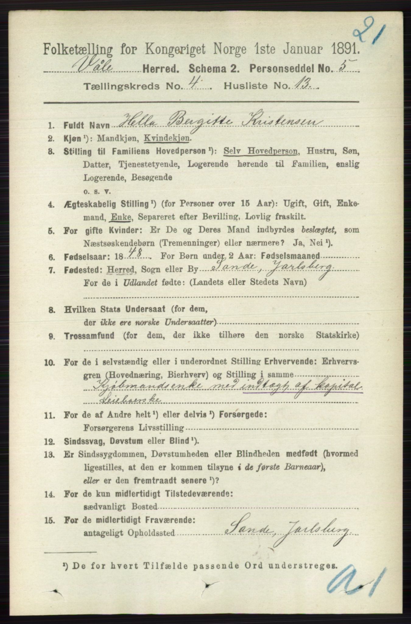 RA, 1891 census for 0716 Våle, 1891, p. 1062