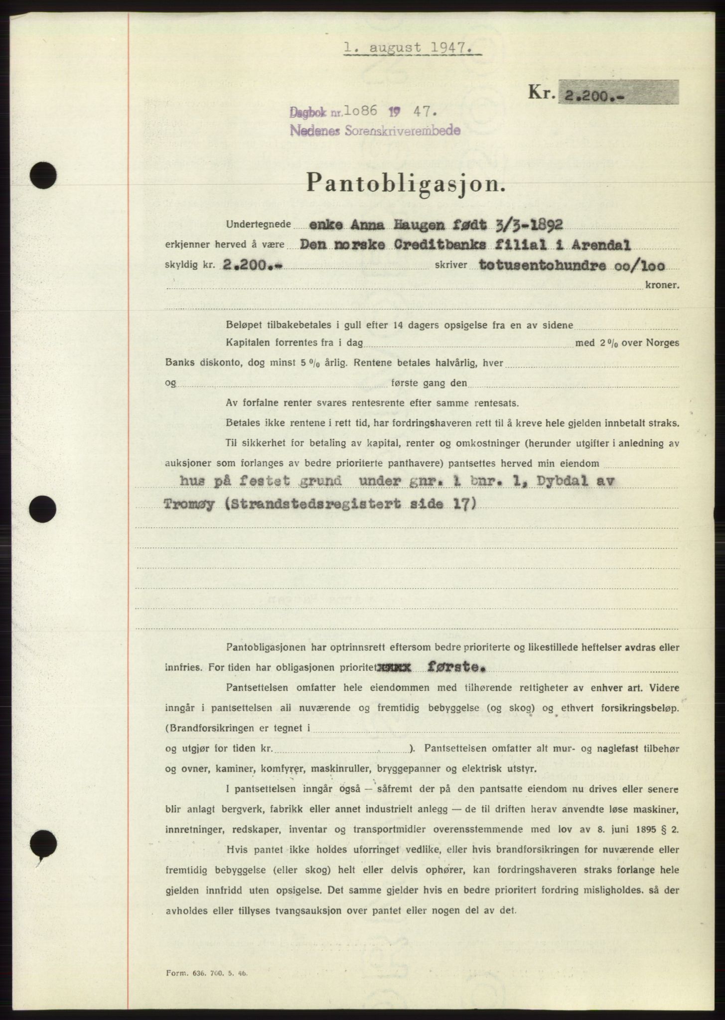 Nedenes sorenskriveri, AV/SAK-1221-0006/G/Gb/Gbb/L0004: Mortgage book no. B4, 1947-1947, Diary no: : 1086/1947