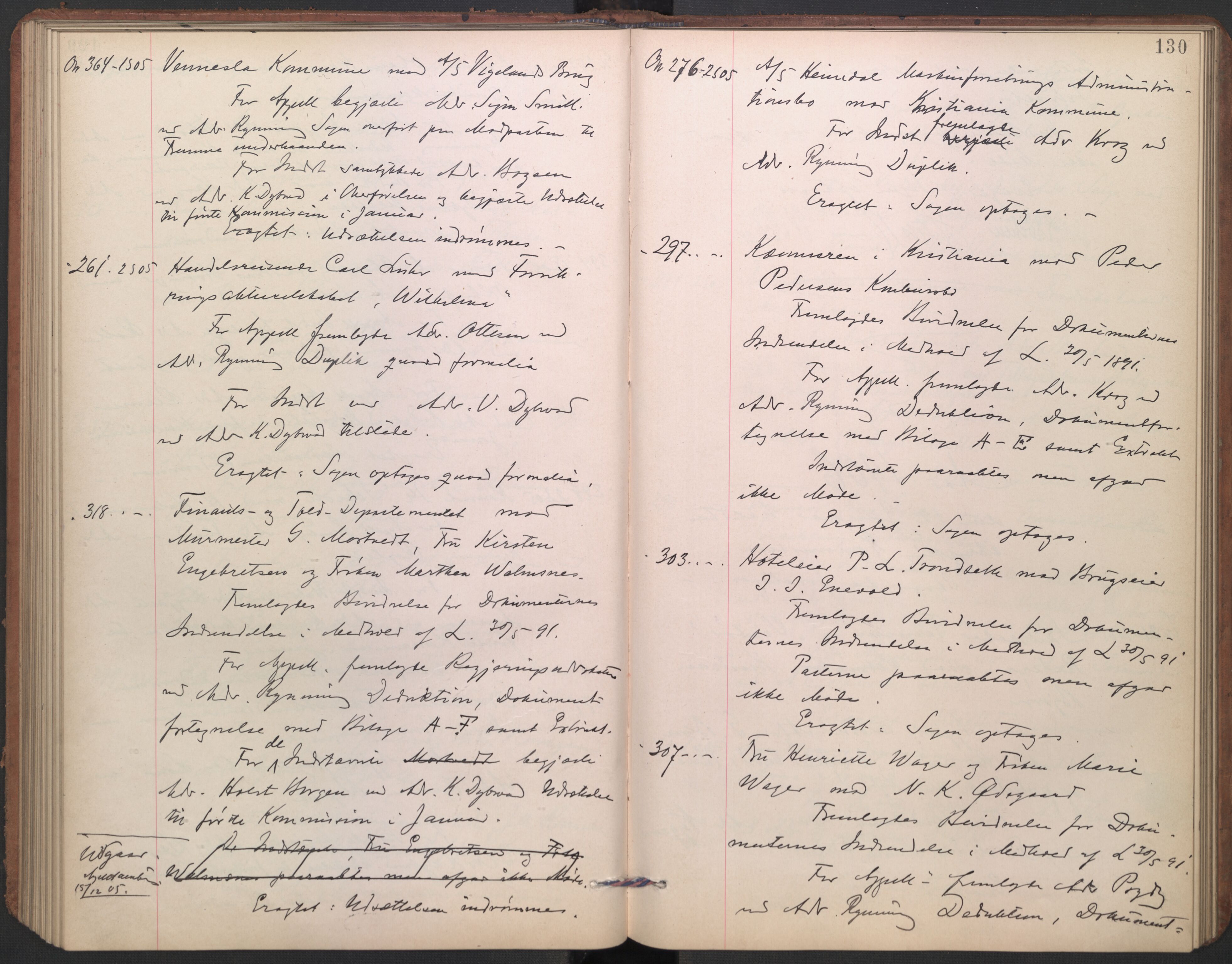 Høyesterett, AV/RA-S-1002/E/Ef/L0021: Protokoll over saker som gikk til skriftlig behandling, 1904-1907, p. 129b-130a