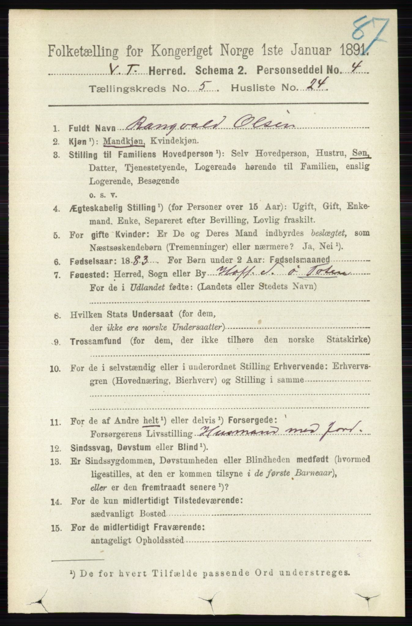 RA, 1891 census for 0529 Vestre Toten, 1891, p. 3339