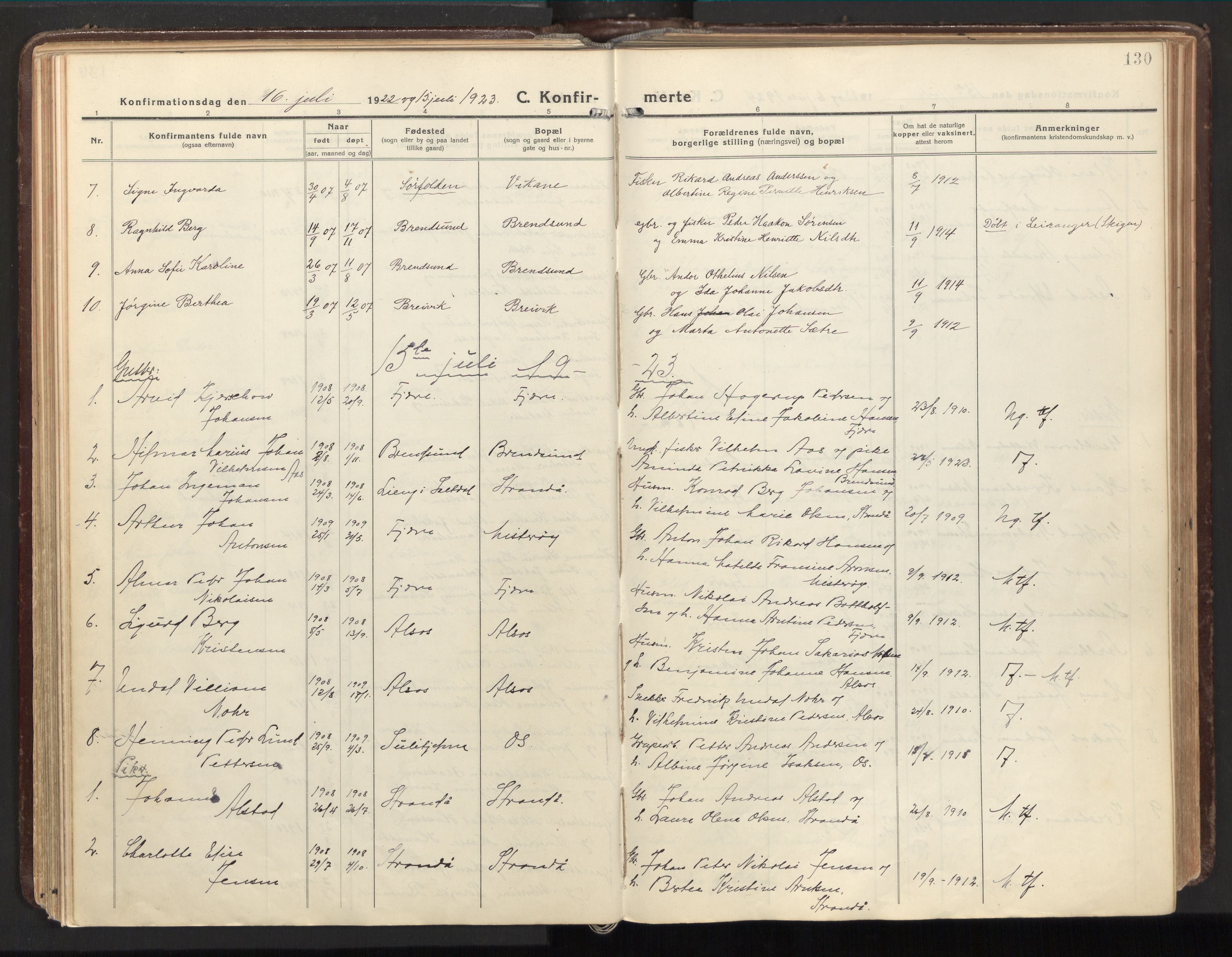 Ministerialprotokoller, klokkerbøker og fødselsregistre - Nordland, AV/SAT-A-1459/803/L0073: Parish register (official) no. 803A03, 1920-1955, p. 130