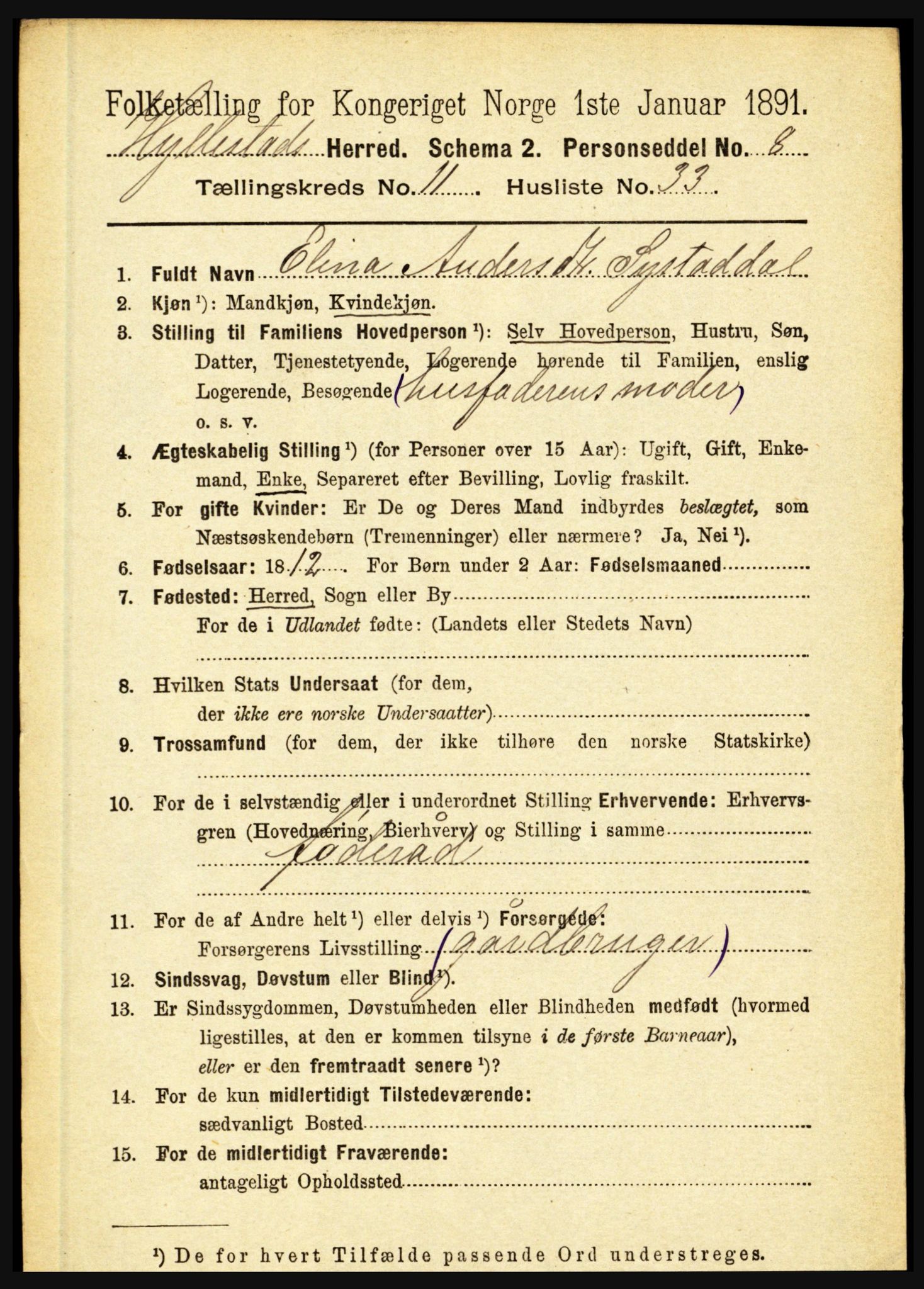 RA, 1891 census for 1413 Hyllestad, 1891, p. 2225