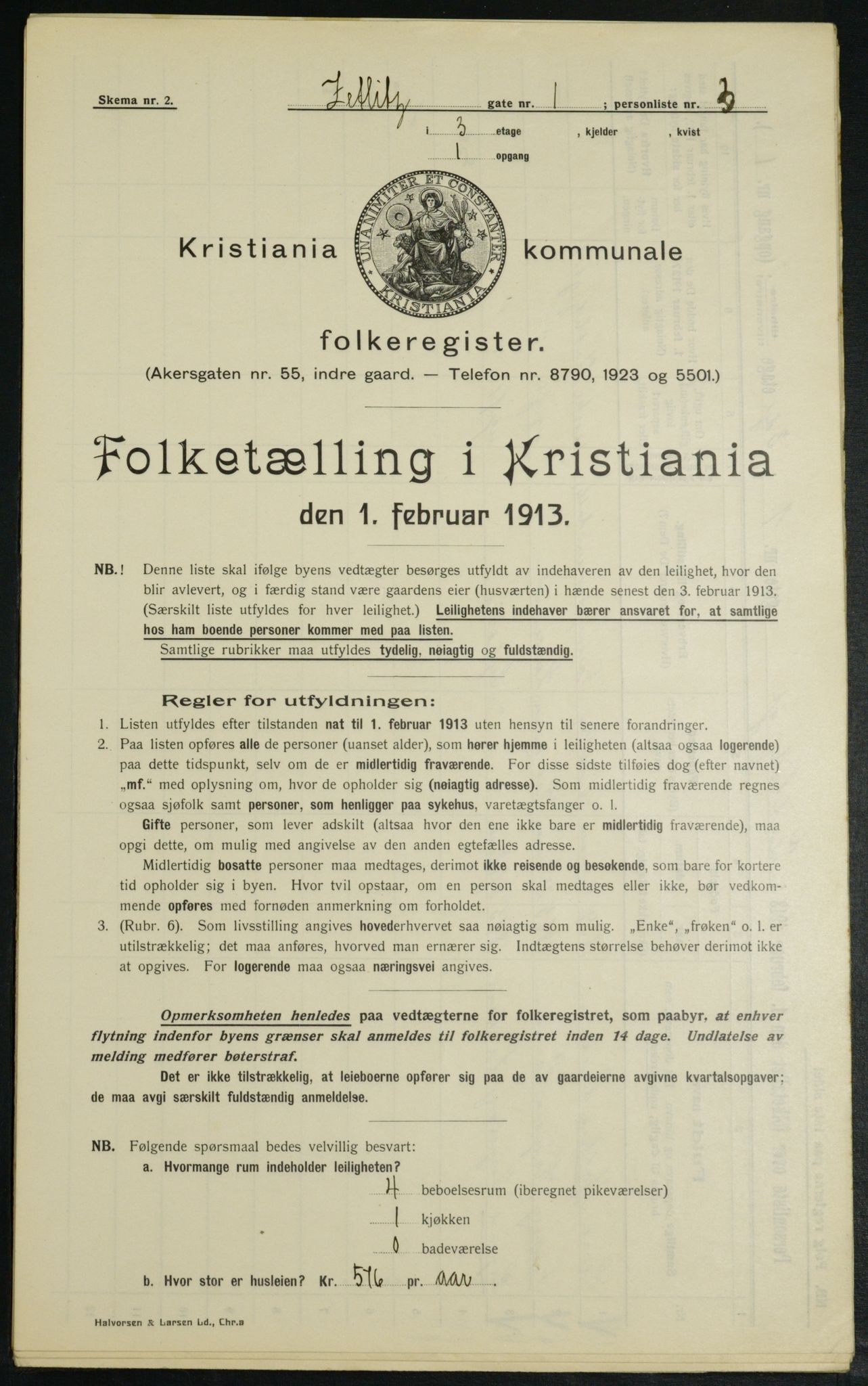 OBA, Municipal Census 1913 for Kristiania, 1913, p. 128516