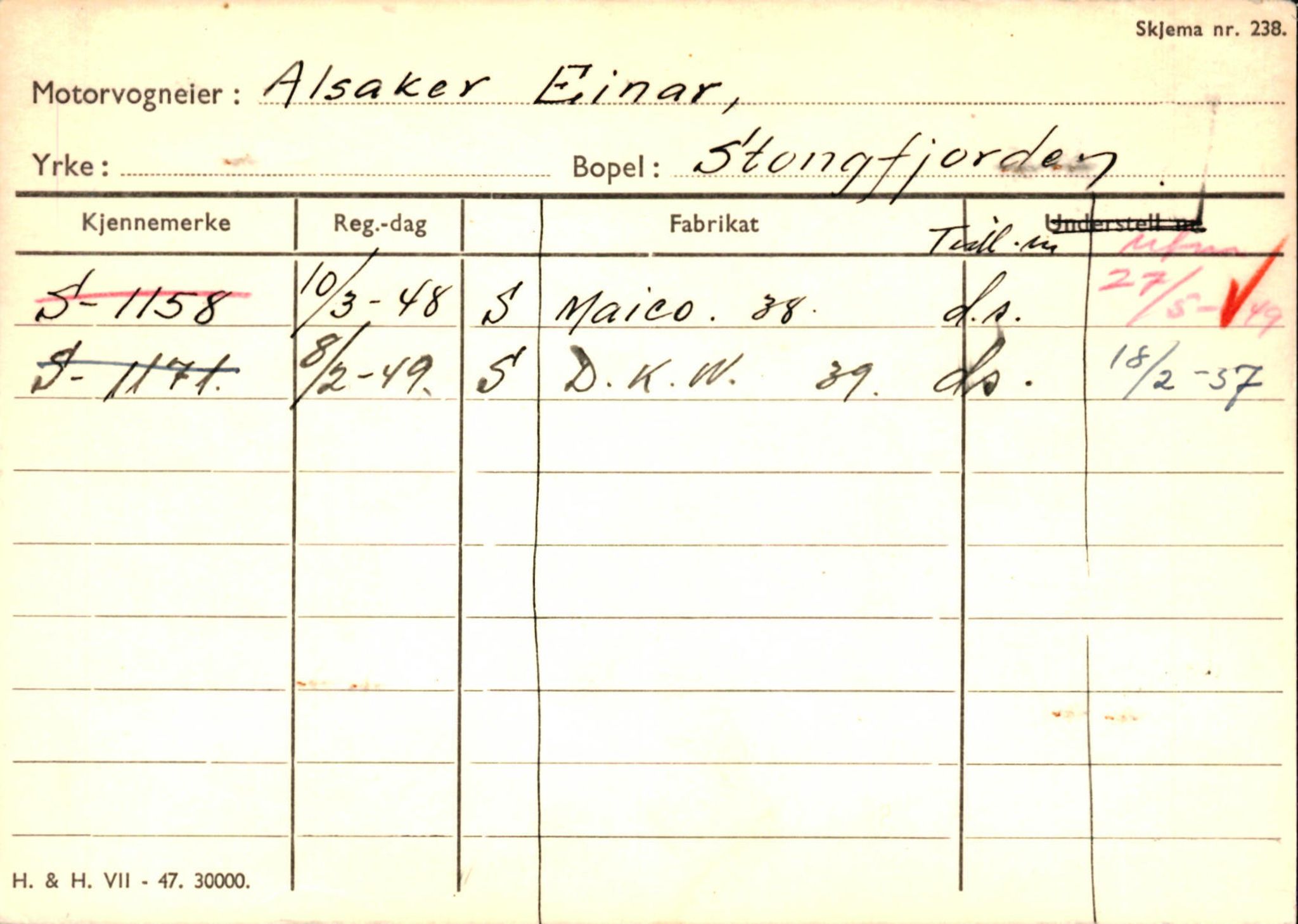 Statens vegvesen, Sogn og Fjordane vegkontor, SAB/A-5301/4/F/L0132: Eigarregister Askvoll A-Å. Balestrand A-Å, 1945-1975, p. 1