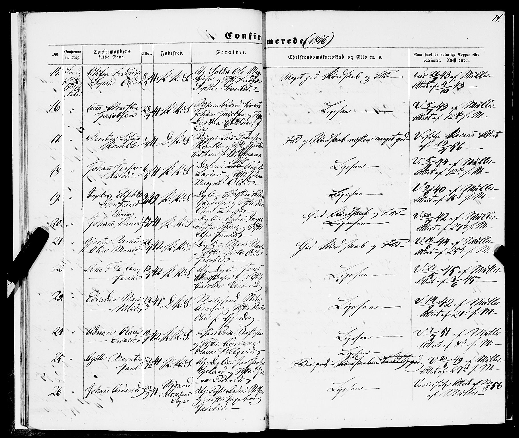 Korskirken sokneprestembete, AV/SAB-A-76101/H/Haa/L0069: Curate's parish register no. A 4, 1856-1869, p. 14