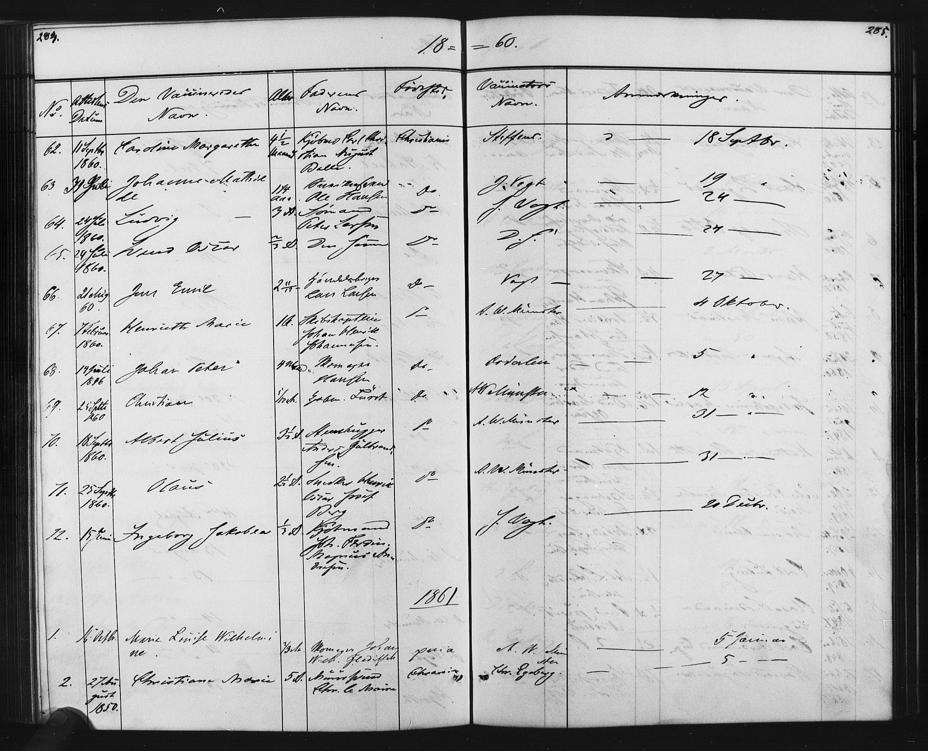 Oslo domkirke Kirkebøker, SAO/A-10752/L/Lb/L0001: Vaccination register no. 1, 1843-1868, p. 284-285