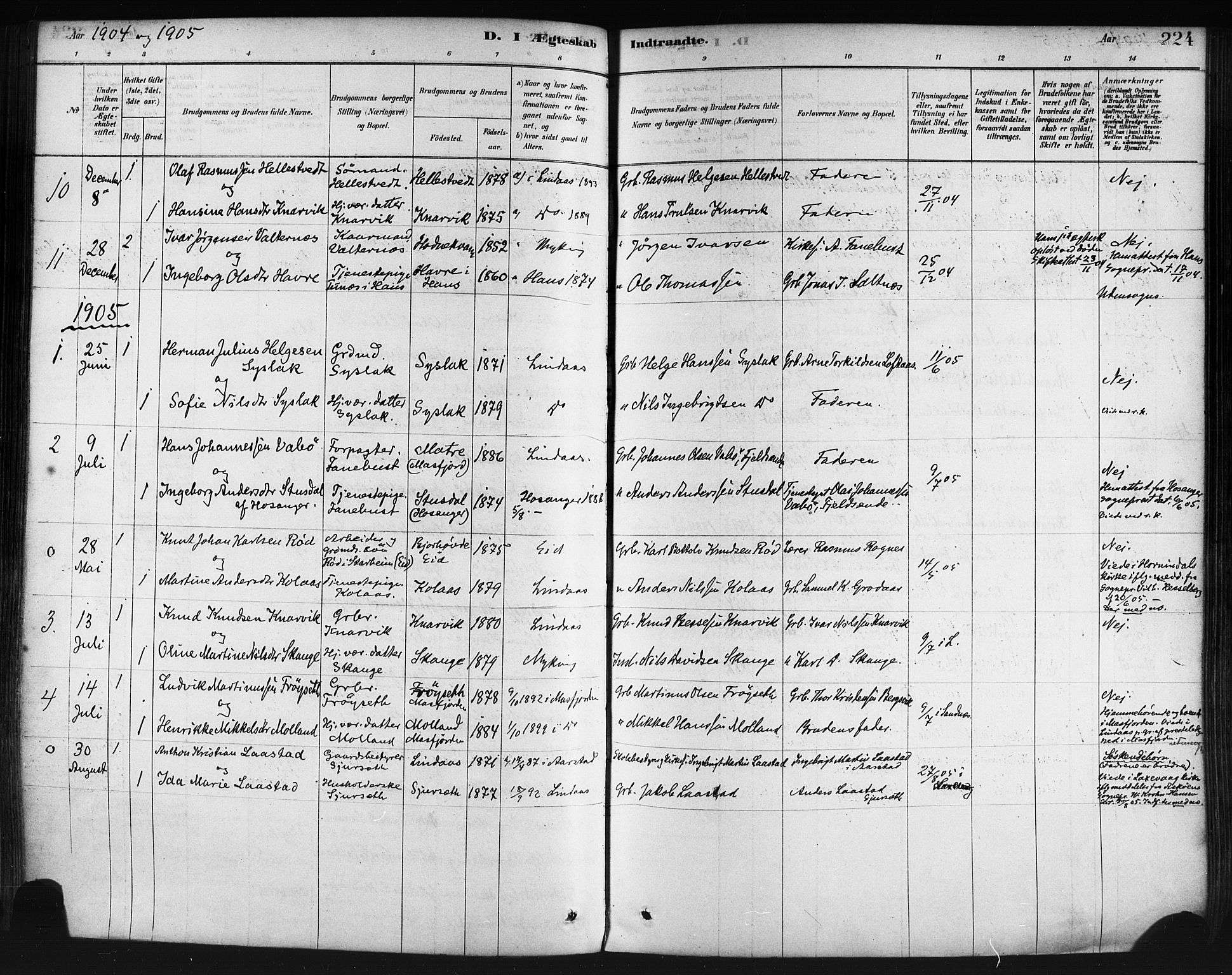 Lindås Sokneprestembete, AV/SAB-A-76701/H/Haa/Haaa/L0019: Parish register (official) no. A 19, 1878-1912, p. 224