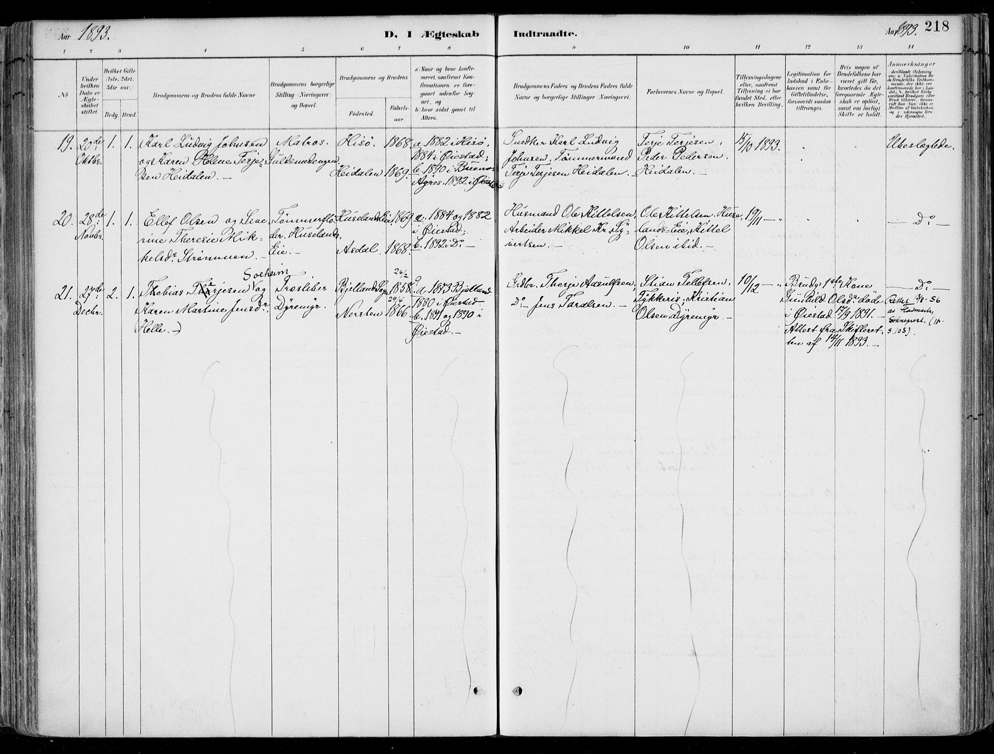 Øyestad sokneprestkontor, SAK/1111-0049/F/Fa/L0017: Parish register (official) no. A 17, 1887-1896, p. 218