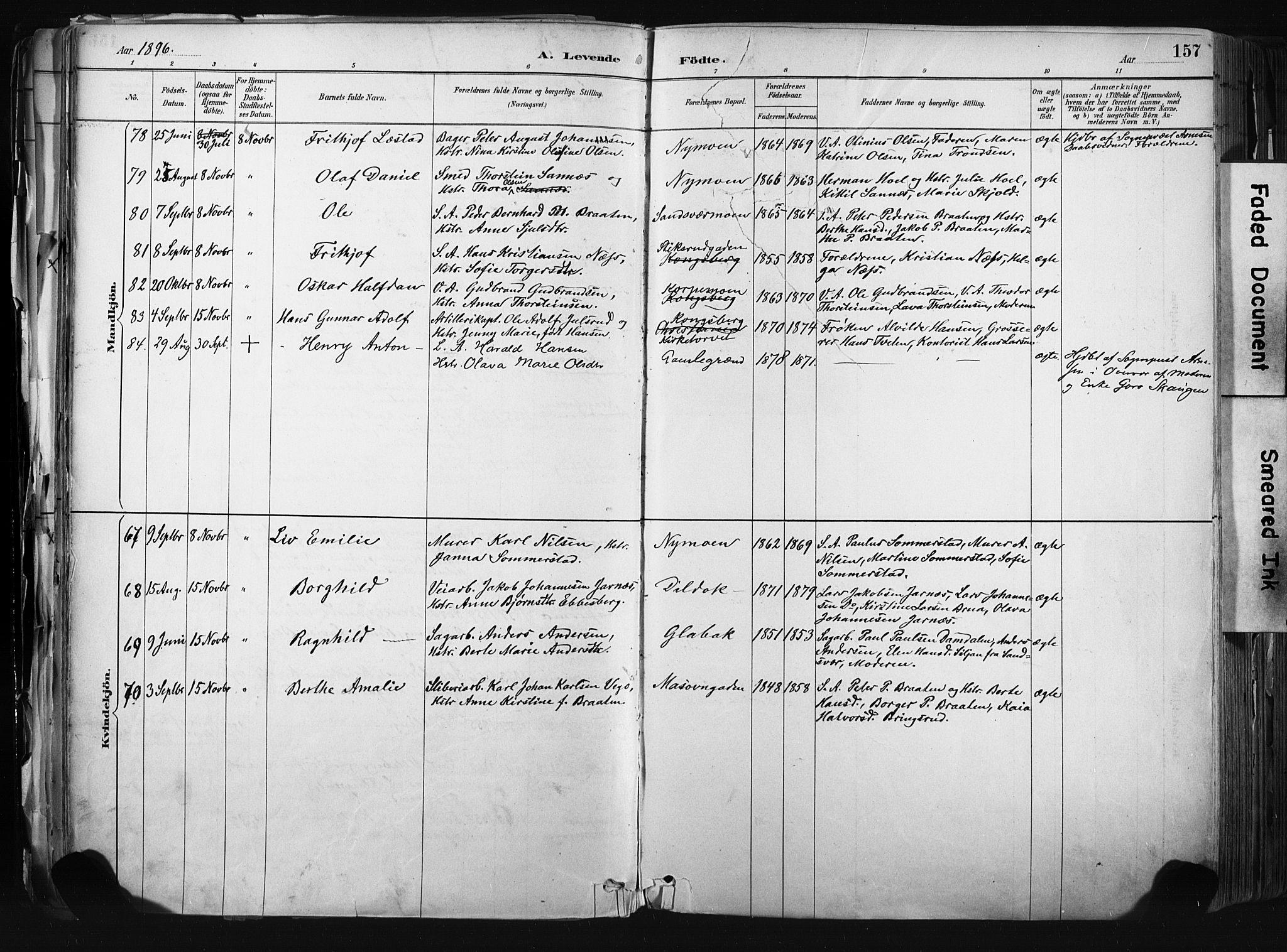 Kongsberg kirkebøker, AV/SAKO-A-22/F/Fb/L0002: Parish register (official) no. II 2, 1886-1896, p. 157