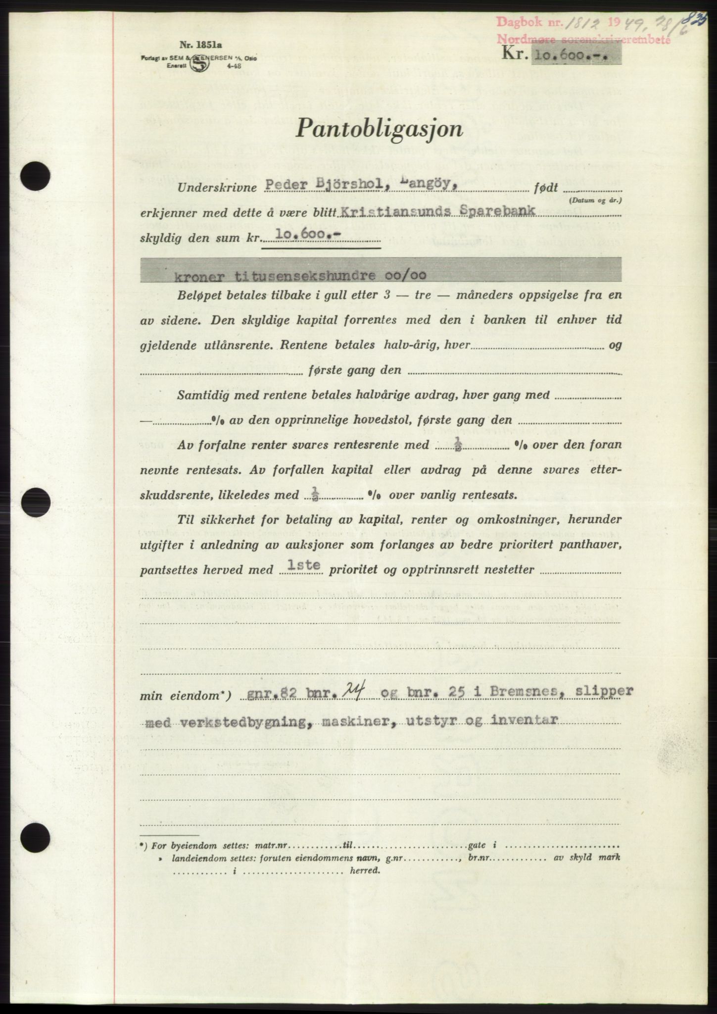 Nordmøre sorenskriveri, AV/SAT-A-4132/1/2/2Ca: Mortgage book no. B101, 1949-1949, Diary no: : 1812/1949