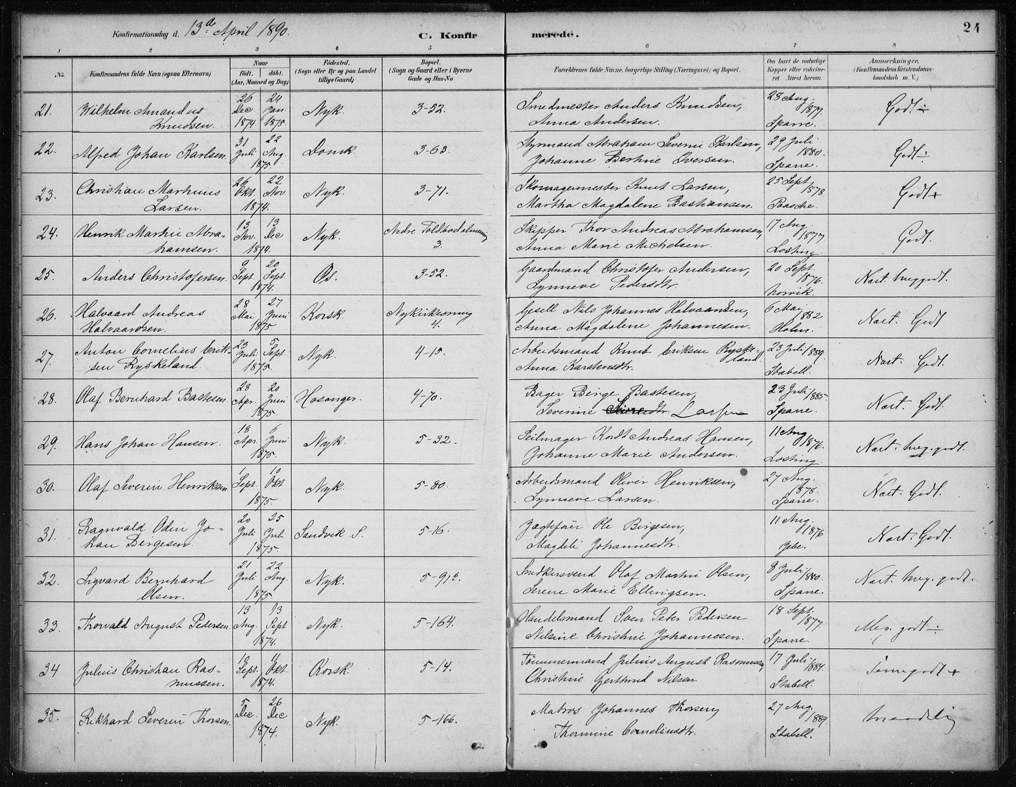 Nykirken Sokneprestembete, AV/SAB-A-77101/H/Haa/L0027: Parish register (official) no. C 6, 1886-1913, p. 24