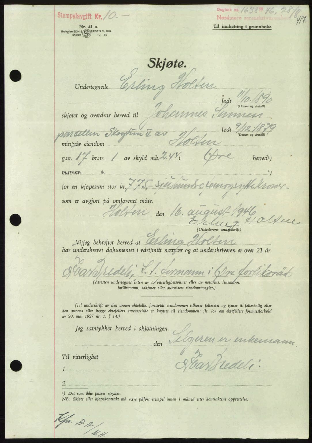 Nordmøre sorenskriveri, AV/SAT-A-4132/1/2/2Ca: Mortgage book no. A102, 1946-1946, Diary no: : 1638/1946