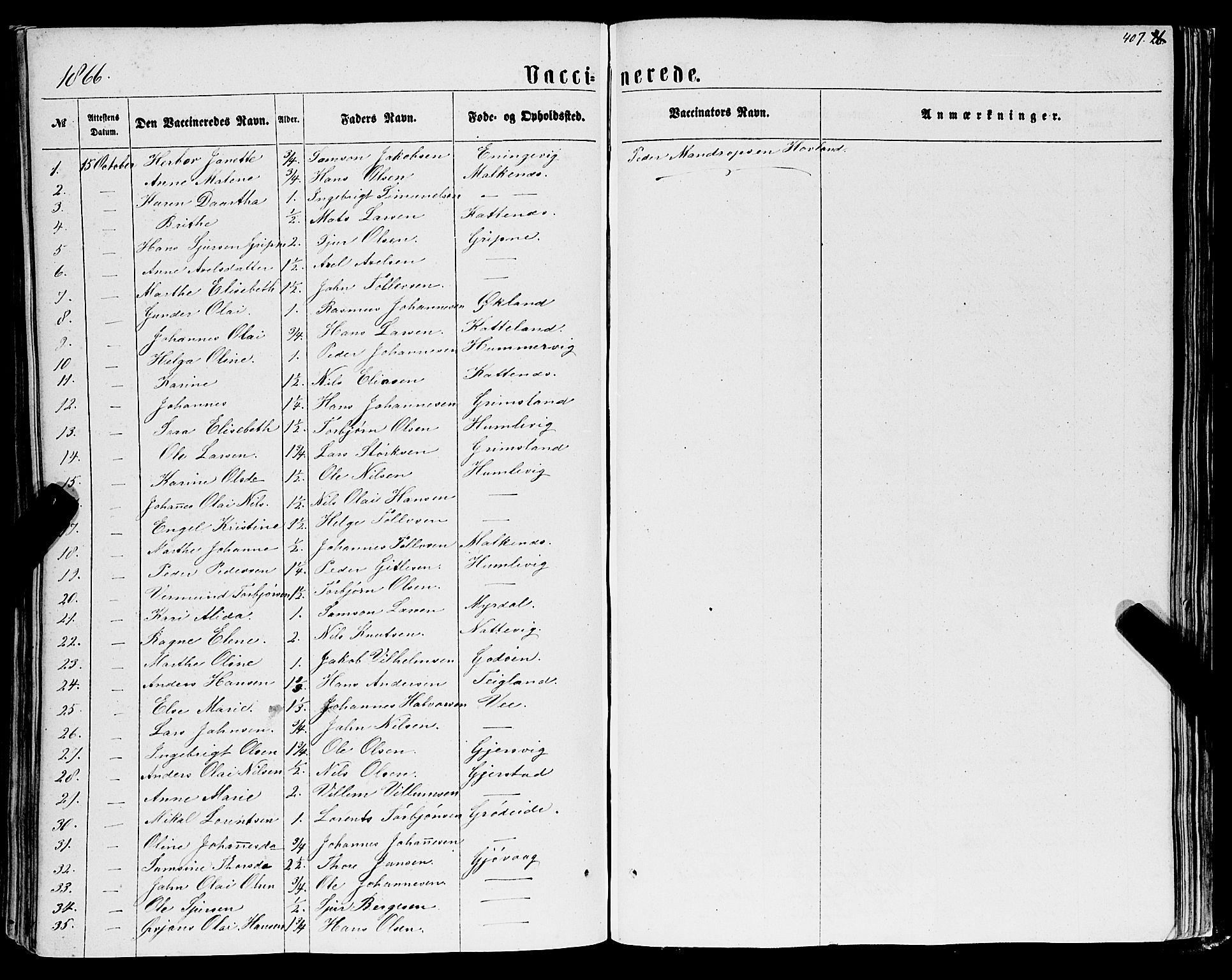 Tysnes sokneprestembete, AV/SAB-A-78601/H/Haa: Parish register (official) no. A 11, 1860-1871, p. 407