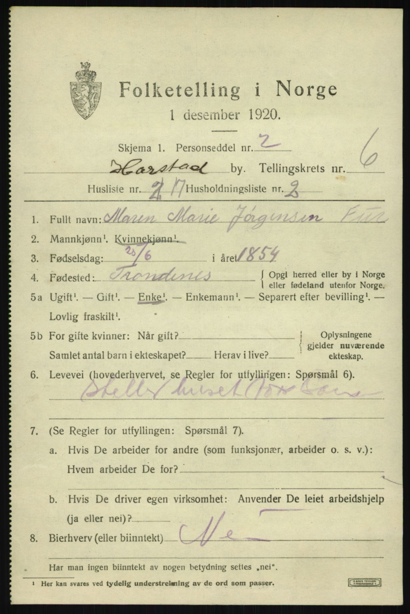 SATØ, 1920 census for Harstad, 1920, p. 7820