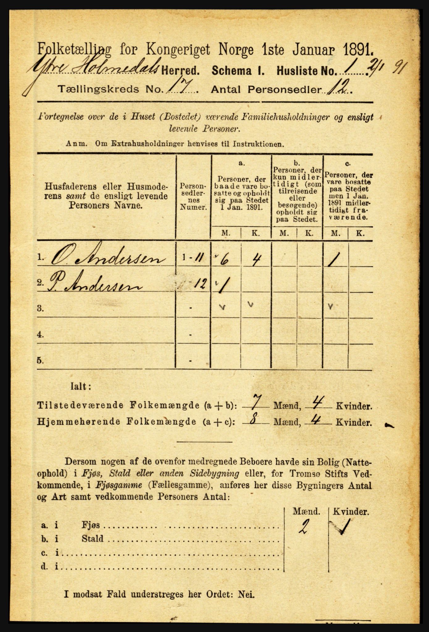 RA, 1891 census for 1429 Ytre Holmedal, 1891, p. 4393