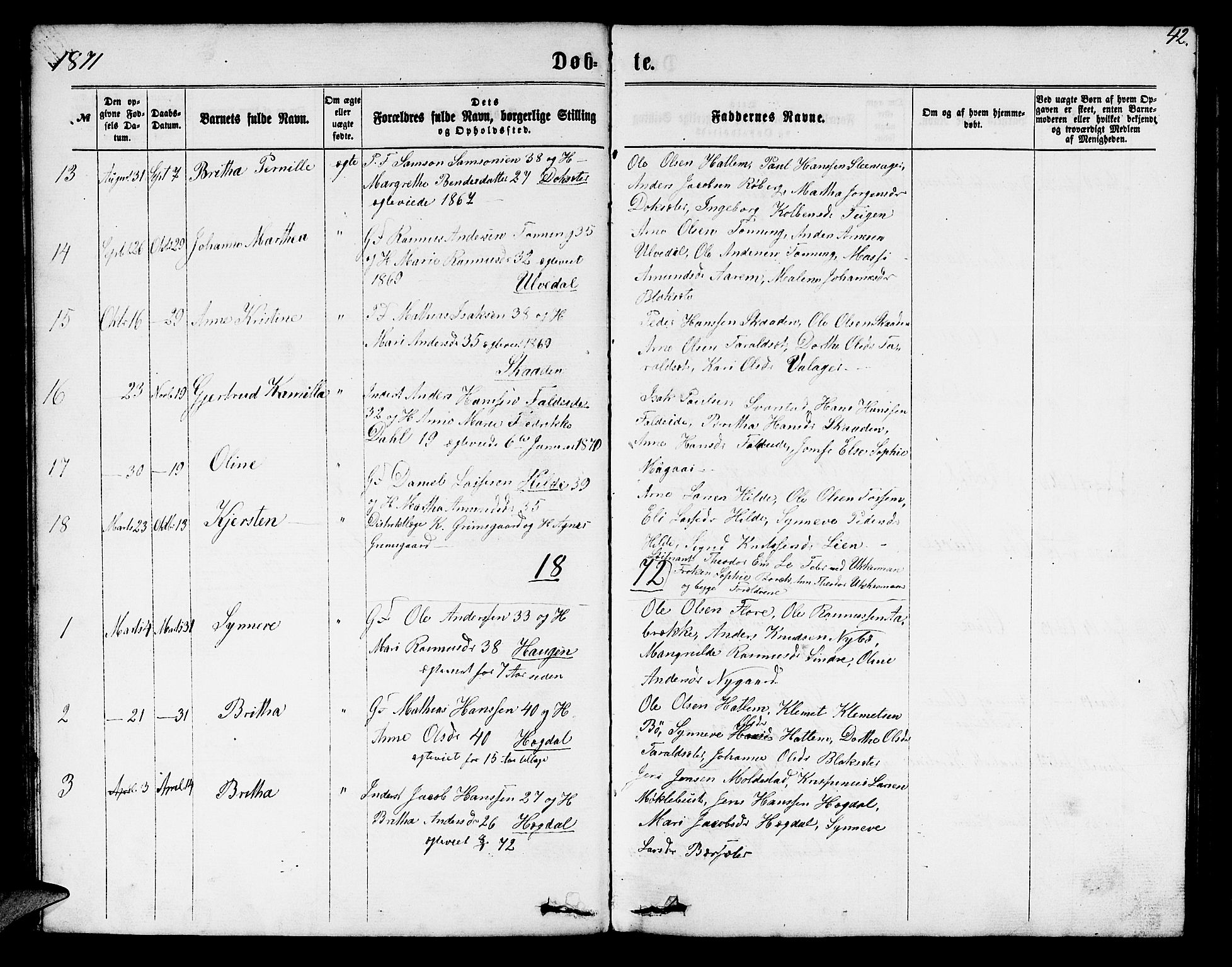 Innvik sokneprestembete, AV/SAB-A-80501: Parish register (copy) no. A 2, 1864-1885, p. 42