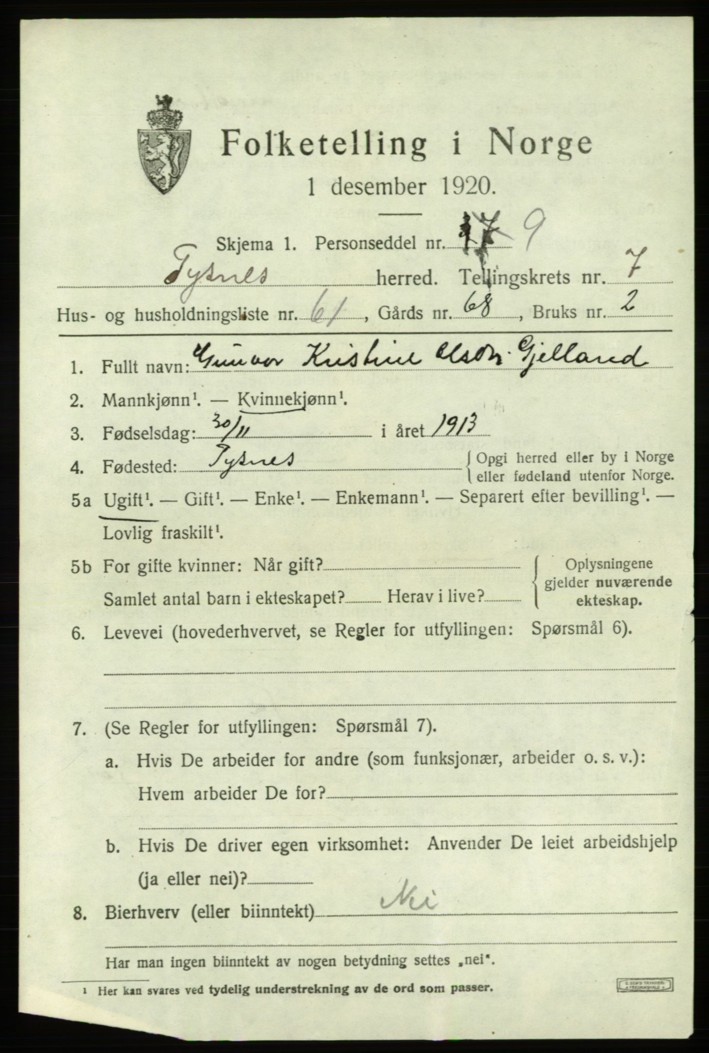 SAB, 1920 census for Tysnes, 1920, p. 5270