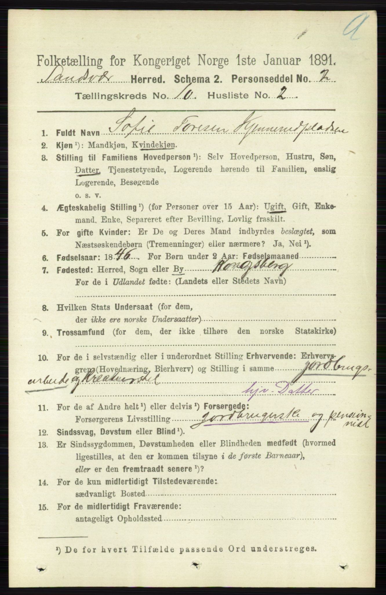 RA, 1891 census for 0629 Sandsvær, 1891, p. 4930