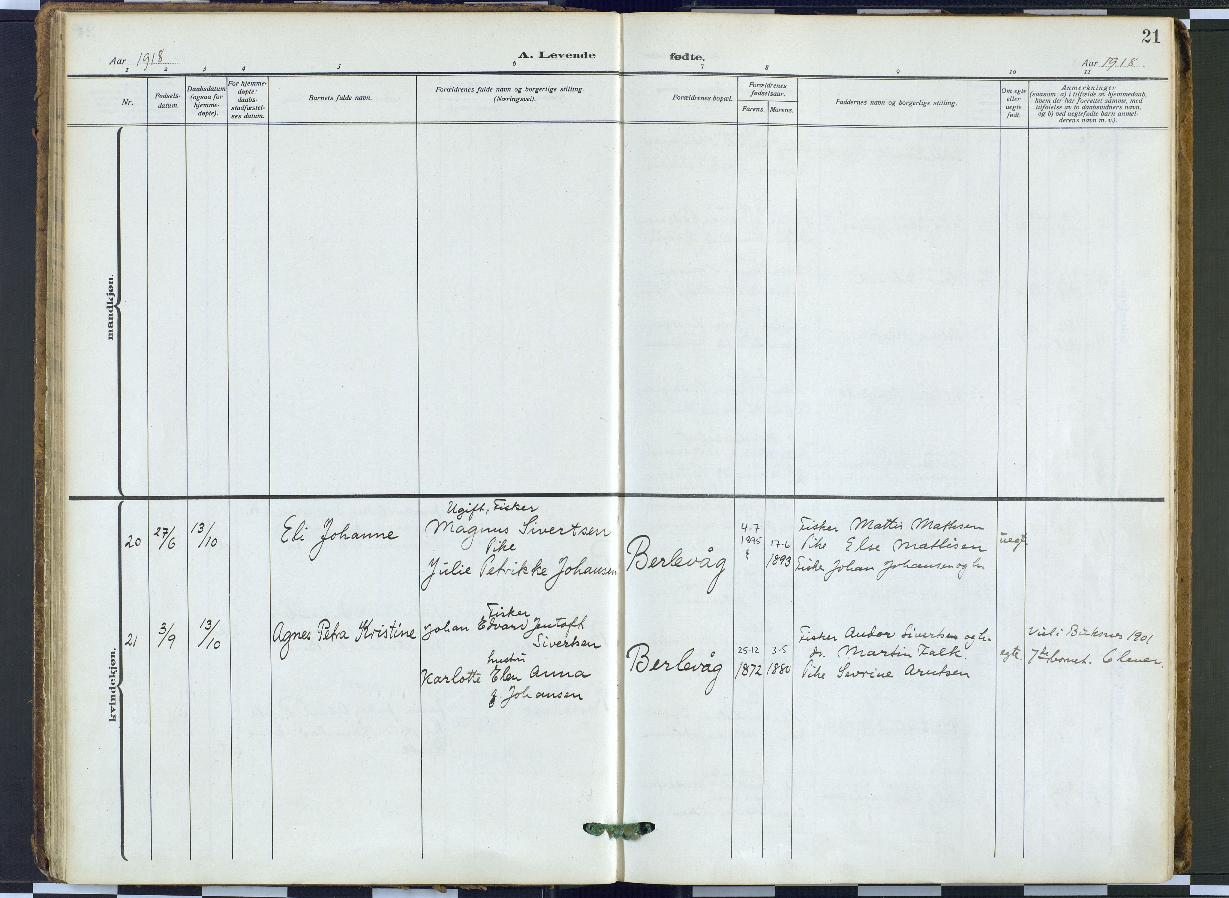 Tana sokneprestkontor, AV/SATØ-S-1334/H/Ha: Parish register (official) no. 9, 1914-1930, p. 21
