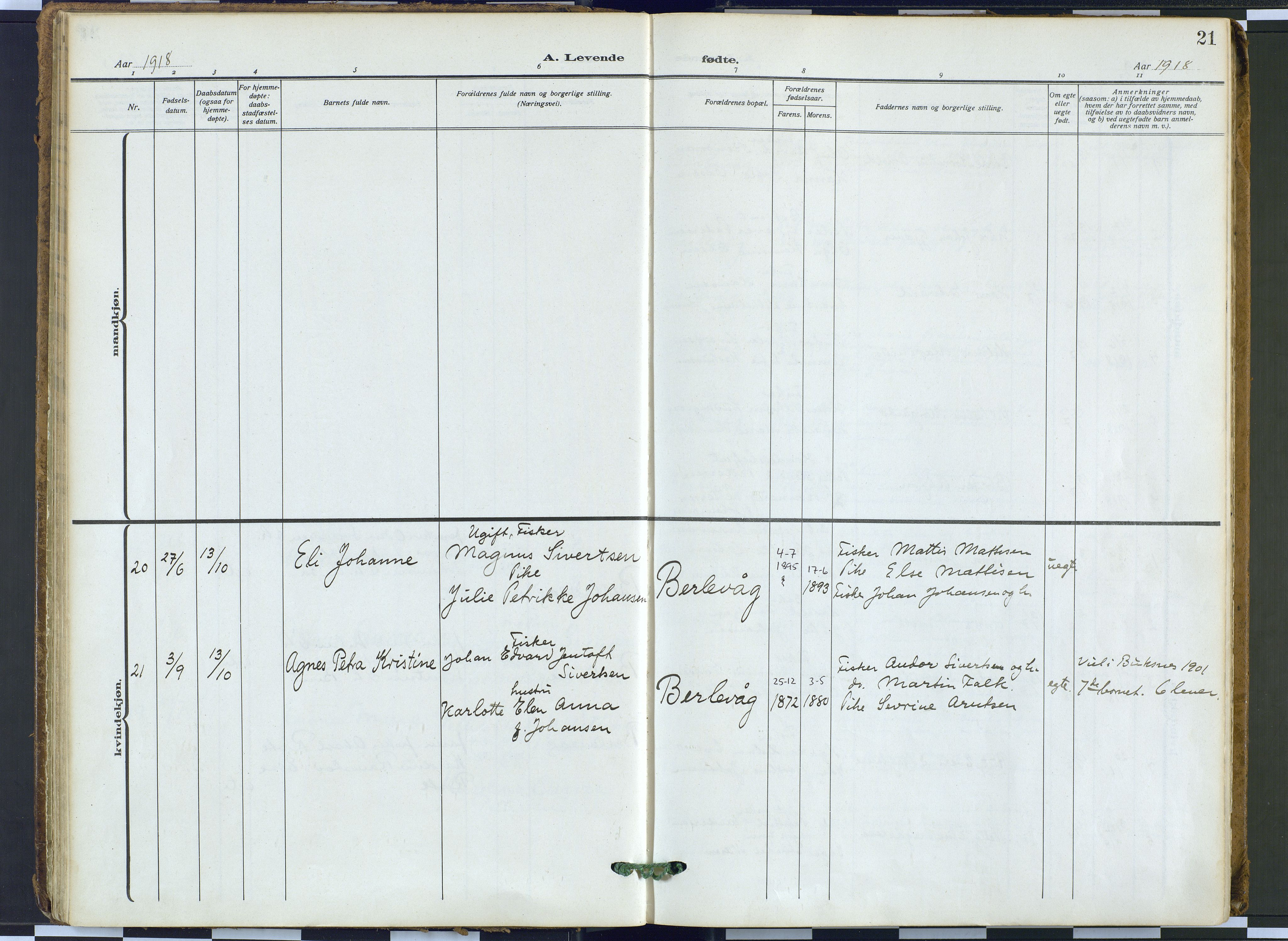 Tana sokneprestkontor, SATØ/S-1334/H/Ha: Parish register (official) no. 9, 1914-1930, p. 21