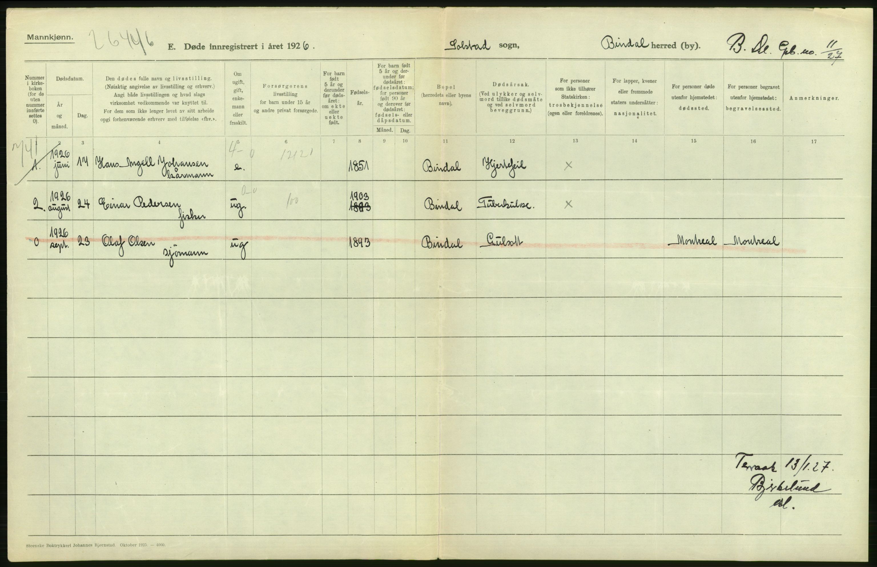 Statistisk sentralbyrå, Sosiodemografiske emner, Befolkning, AV/RA-S-2228/D/Df/Dfc/Dfcf/L0041: Nordland fylke: Døde. Bygder og byer., 1926, p. 54