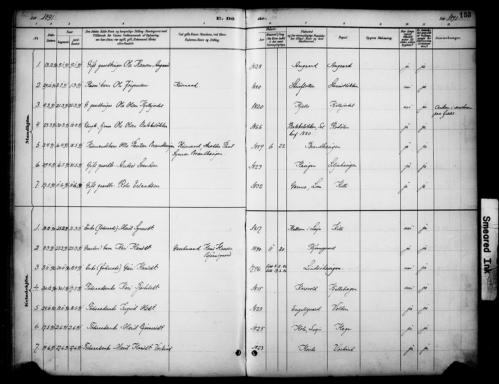 Dovre prestekontor, SAH/PREST-066/H/Ha/Haa/L0003: Parish register (official) no. 3, 1891-1901, p. 153