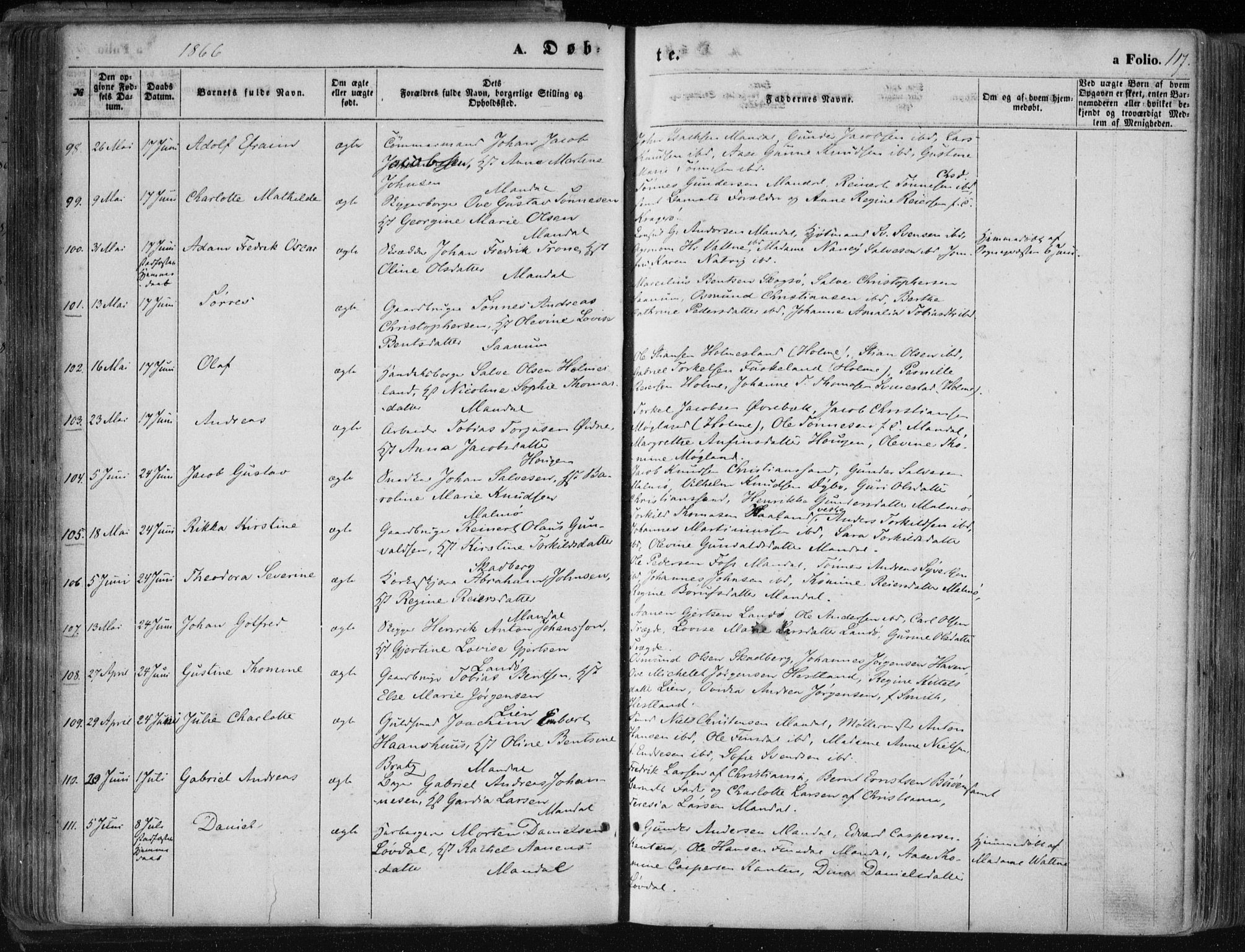 Mandal sokneprestkontor, AV/SAK-1111-0030/F/Fa/Faa/L0014: Parish register (official) no. A 14, 1859-1872, p. 117