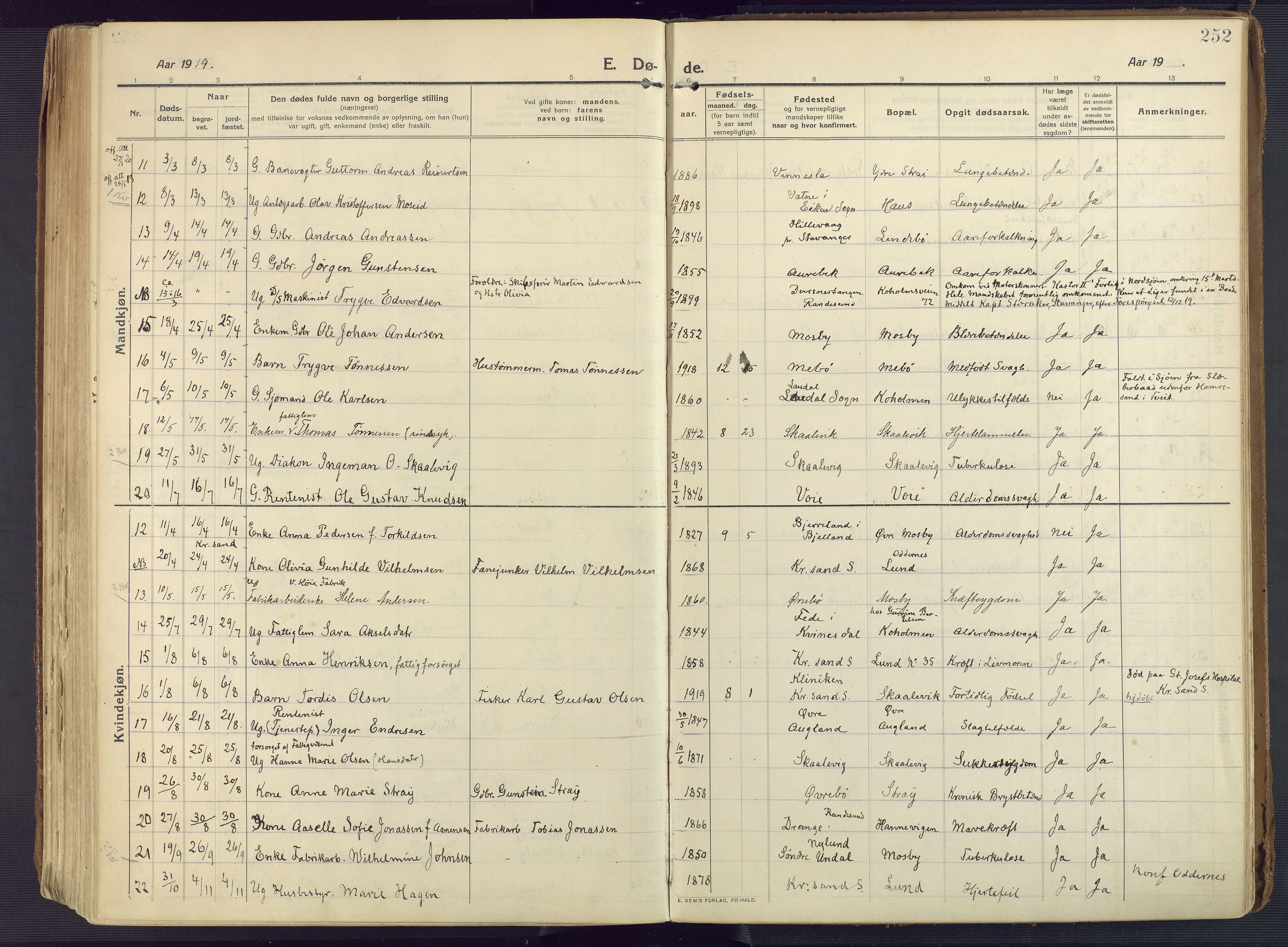 Oddernes sokneprestkontor, AV/SAK-1111-0033/F/Fa/Faa/L0012: Parish register (official) no. A 12, 1912-1925, p. 252