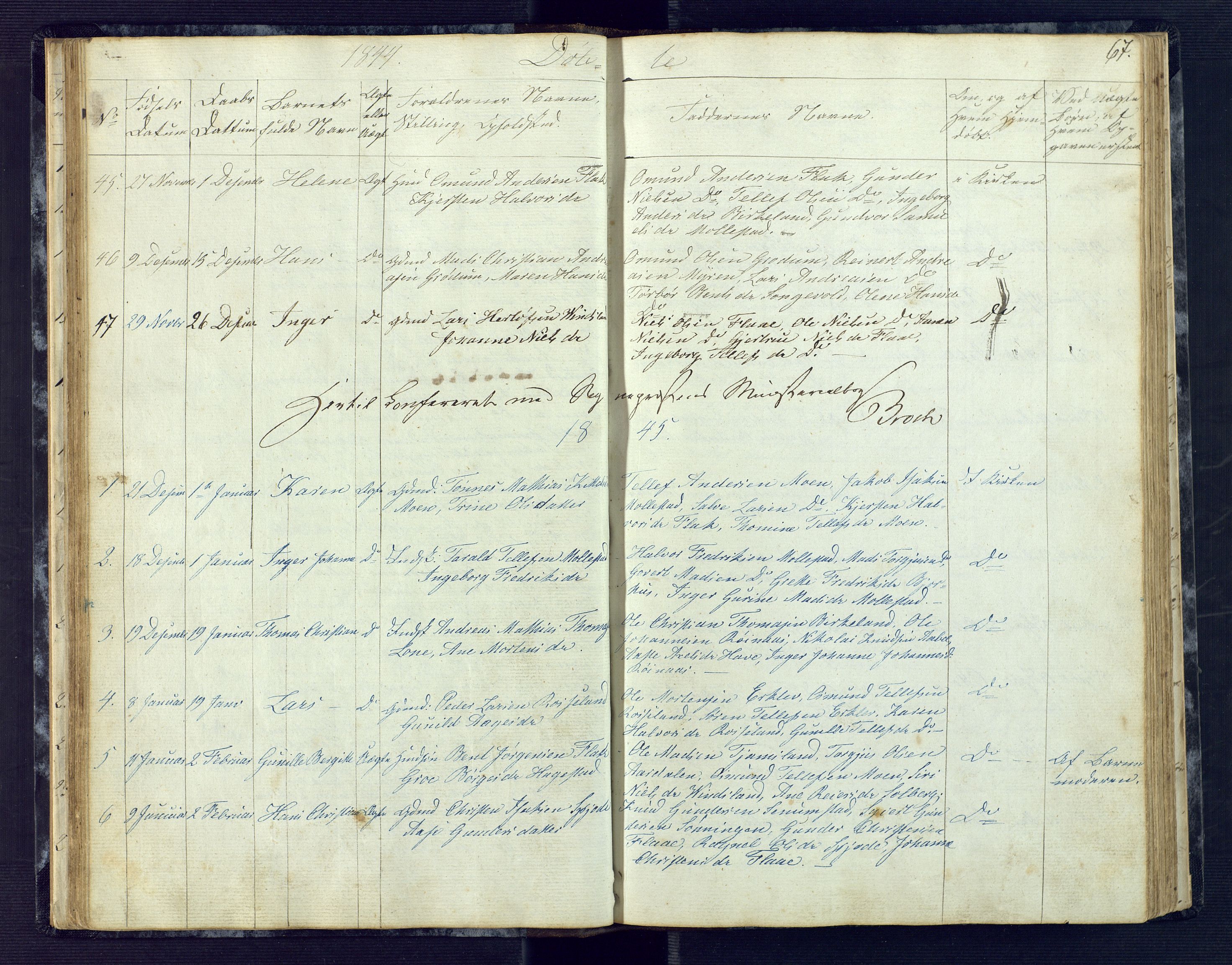 Birkenes sokneprestkontor, AV/SAK-1111-0004/F/Fb/L0001: Parish register (copy) no. B 1, 1837-1856, p. 67