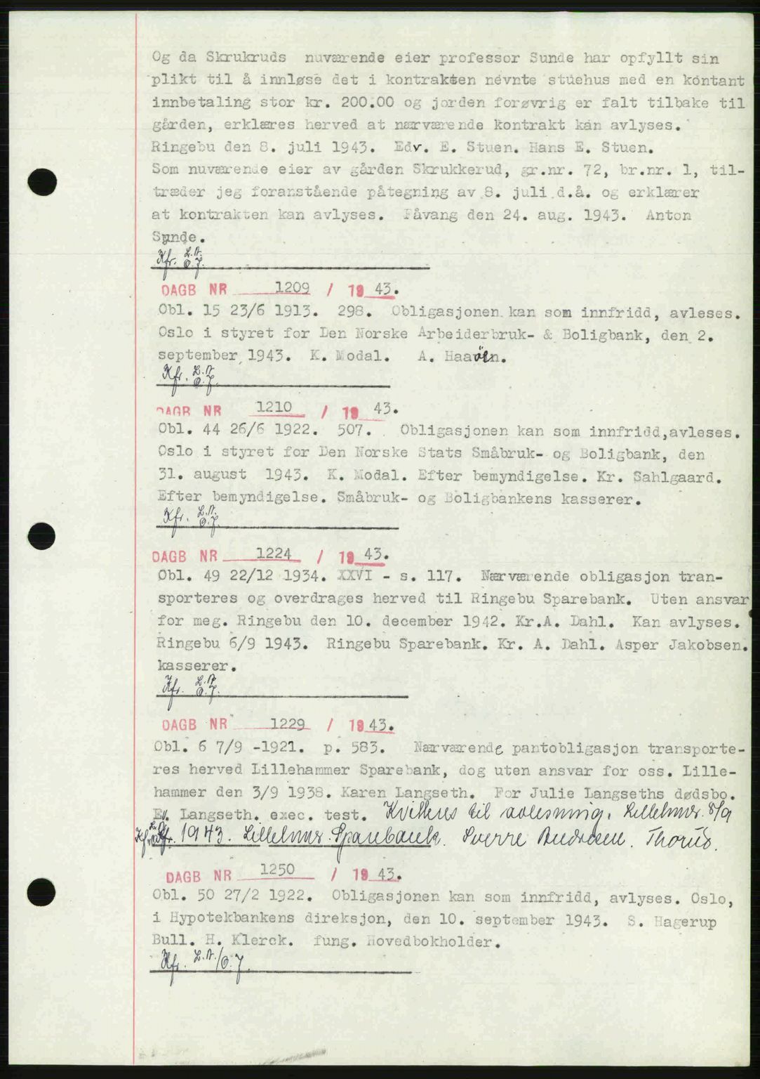 Sør-Gudbrandsdal tingrett, SAH/TING-004/H/Hb/Hbf/L0002: Mortgage book no. C1, 1938-1951, Diary no: : 1209/1943