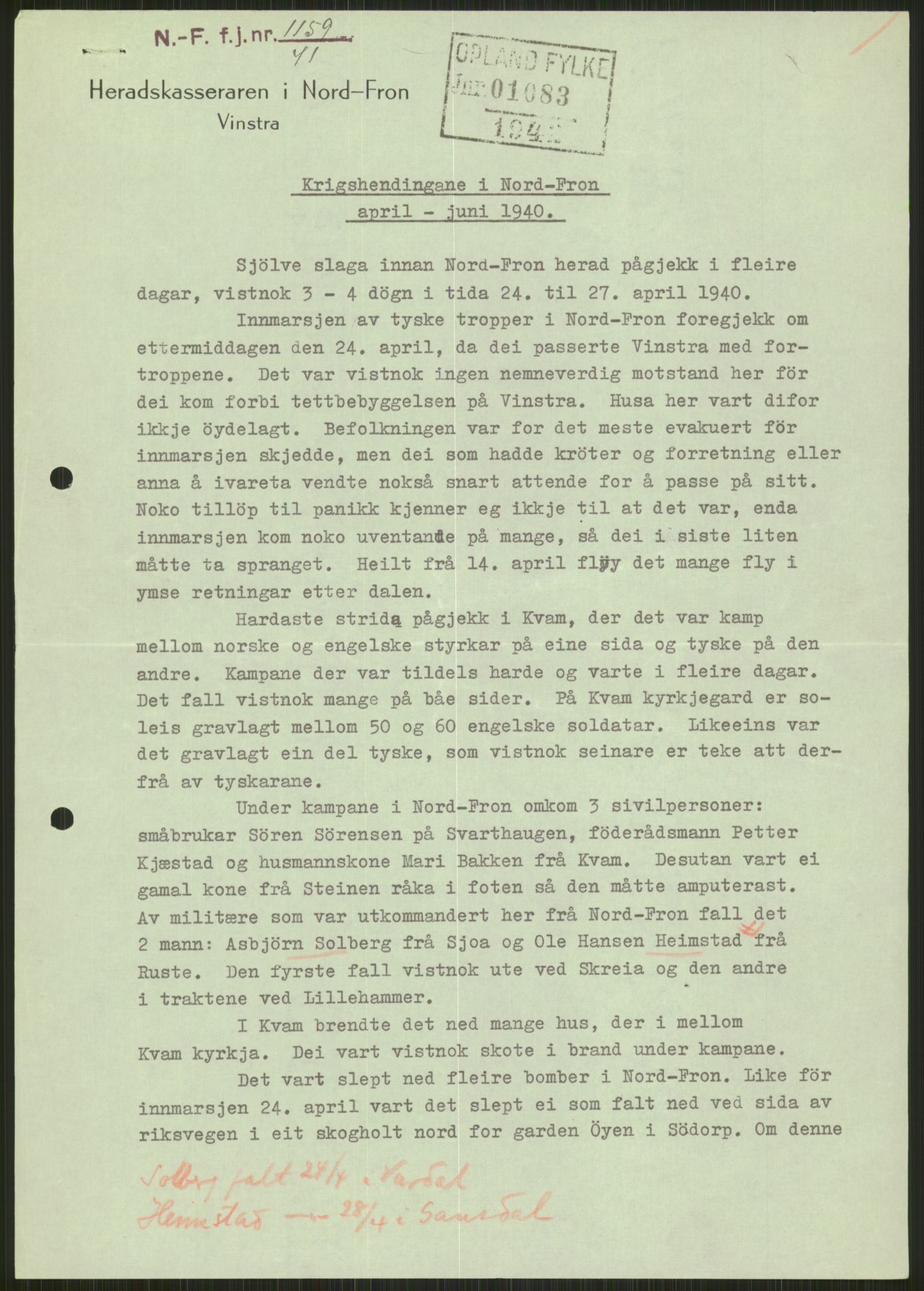 Forsvaret, Forsvarets krigshistoriske avdeling, AV/RA-RAFA-2017/Y/Ya/L0014: II-C-11-31 - Fylkesmenn.  Rapporter om krigsbegivenhetene 1940., 1940, p. 107