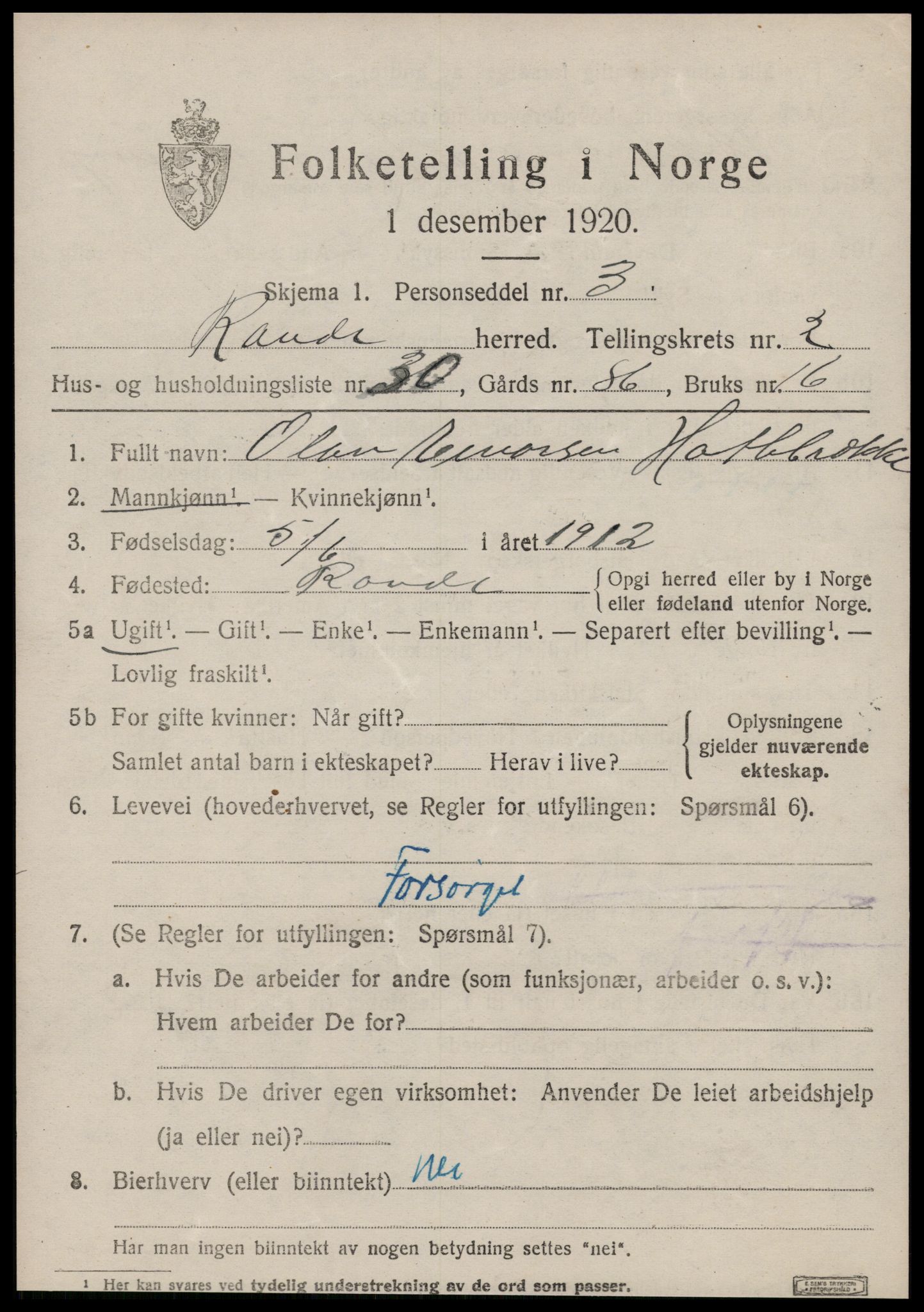 SAT, 1920 census for Rovde, 1920, p. 927