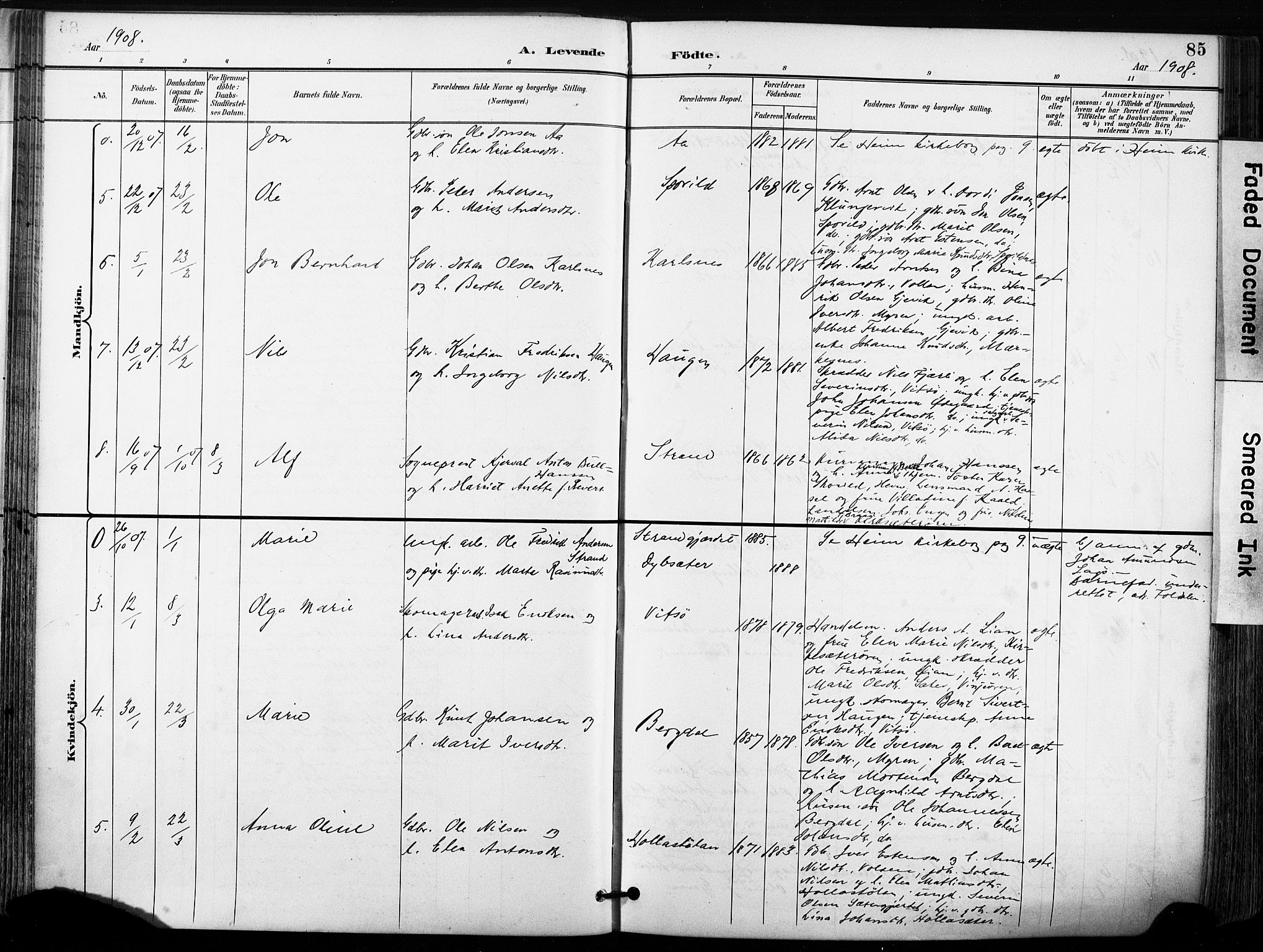 Ministerialprotokoller, klokkerbøker og fødselsregistre - Sør-Trøndelag, AV/SAT-A-1456/630/L0497: Parish register (official) no. 630A10, 1896-1910, p. 85