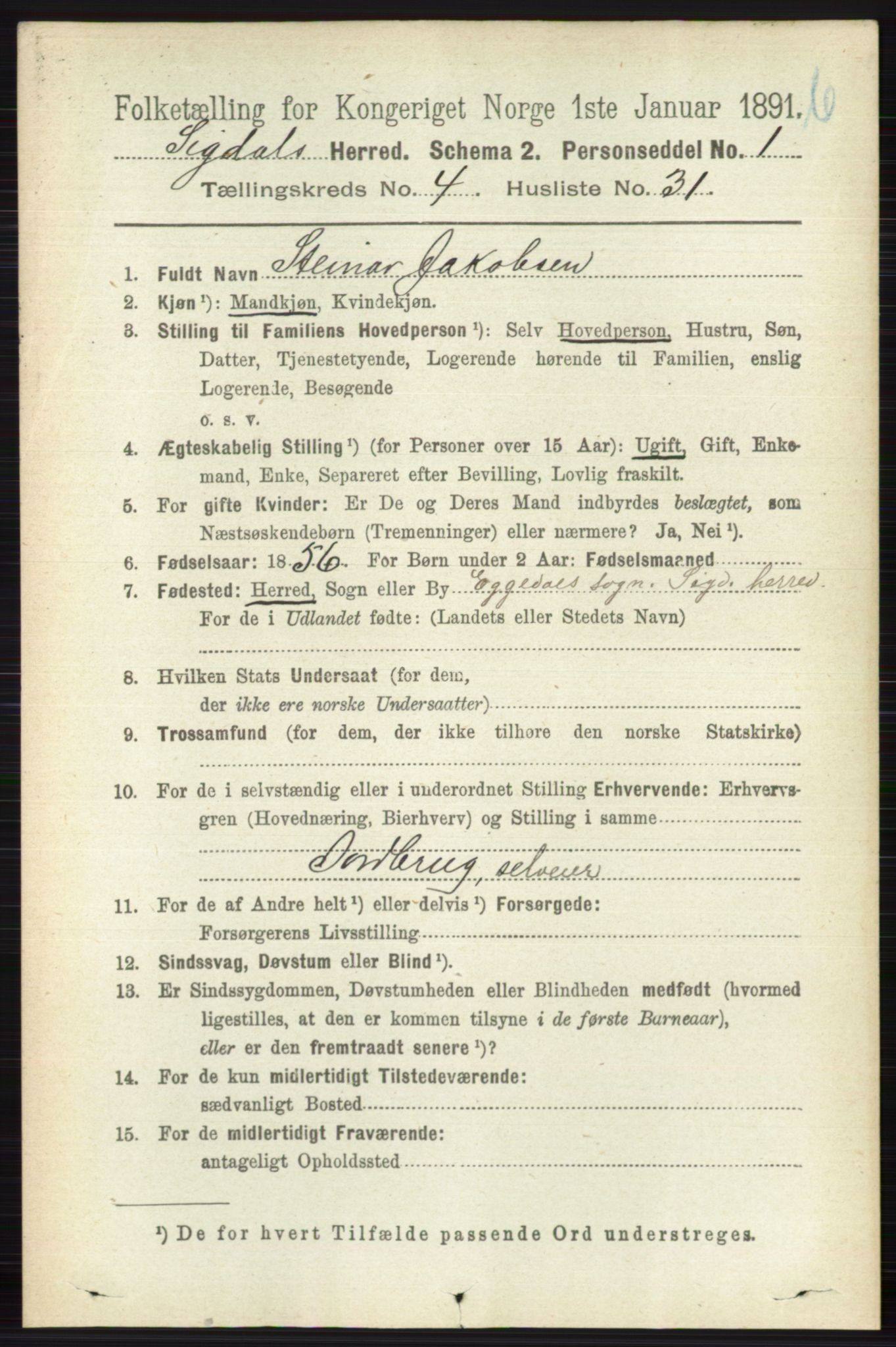 RA, 1891 census for 0621 Sigdal, 1891, p. 4863