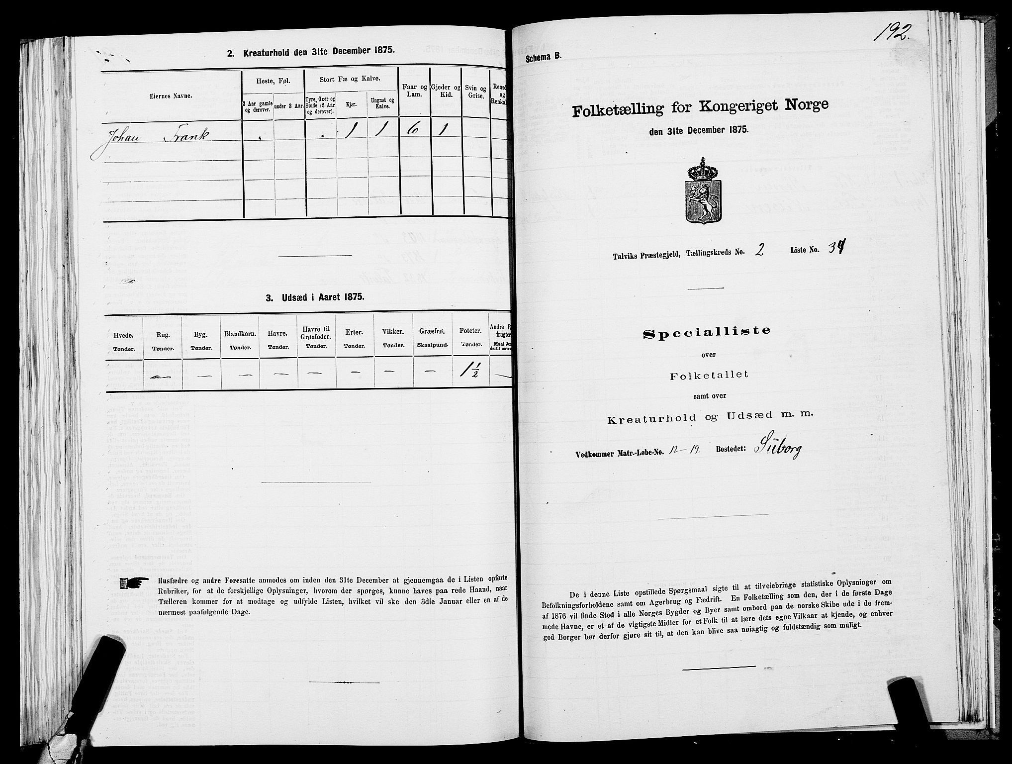 SATØ, 1875 census for 2013P Talvik, 1875, p. 1192