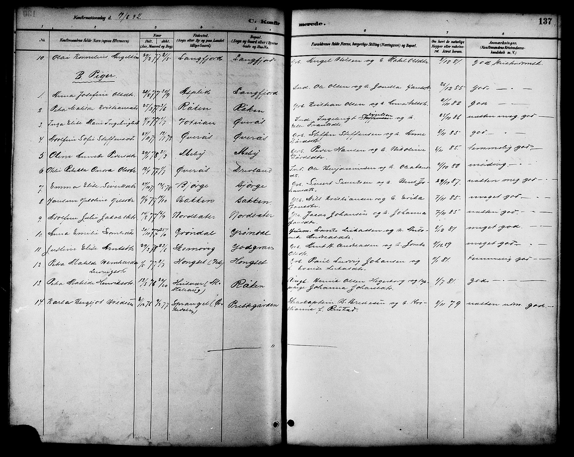 Ministerialprotokoller, klokkerbøker og fødselsregistre - Nordland, AV/SAT-A-1459/814/L0230: Parish register (copy) no. 814C03, 1884-1911, p. 137