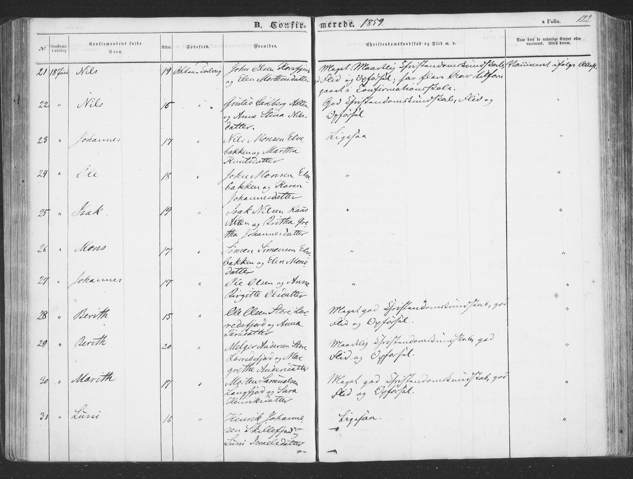 Talvik sokneprestkontor, AV/SATØ-S-1337/H/Ha/L0010kirke: Parish register (official) no. 10, 1852-1864, p. 122