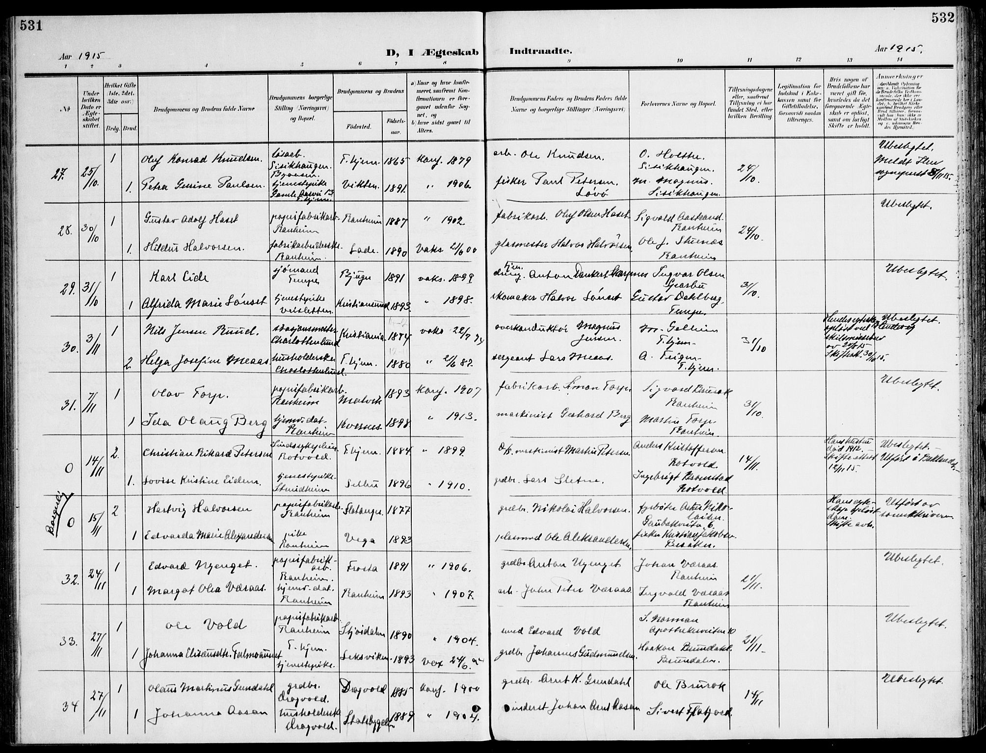 Ministerialprotokoller, klokkerbøker og fødselsregistre - Sør-Trøndelag, SAT/A-1456/607/L0320: Parish register (official) no. 607A04, 1907-1915, p. 531-532