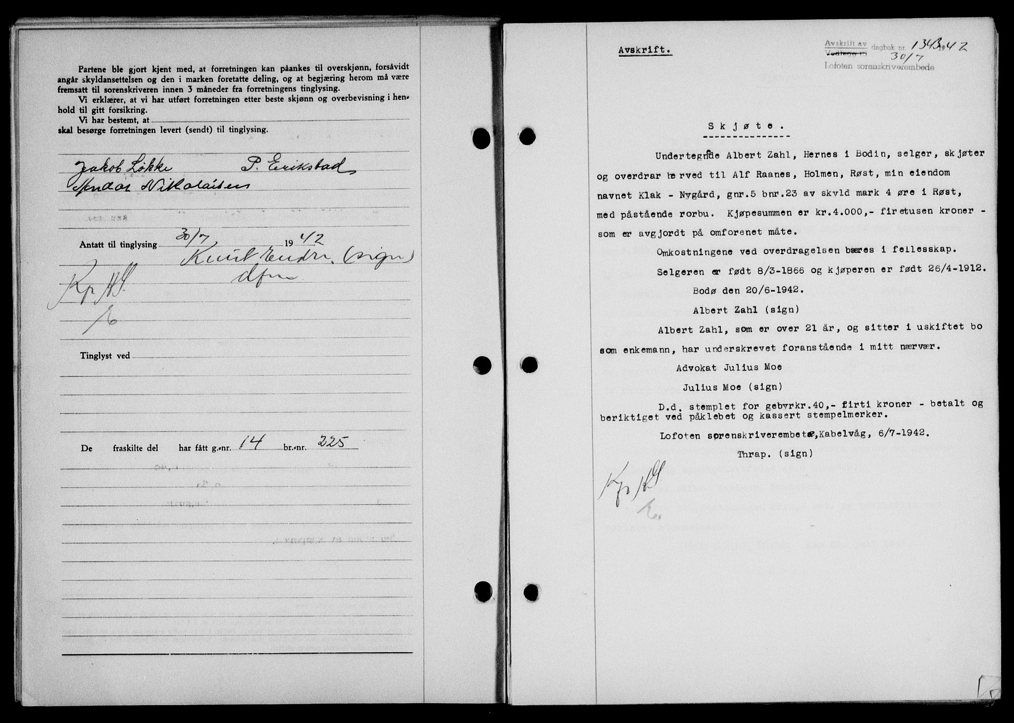 Lofoten sorenskriveri, SAT/A-0017/1/2/2C/L0010a: Mortgage book no. 10a, 1942-1943, Diary no: : 1343/1942