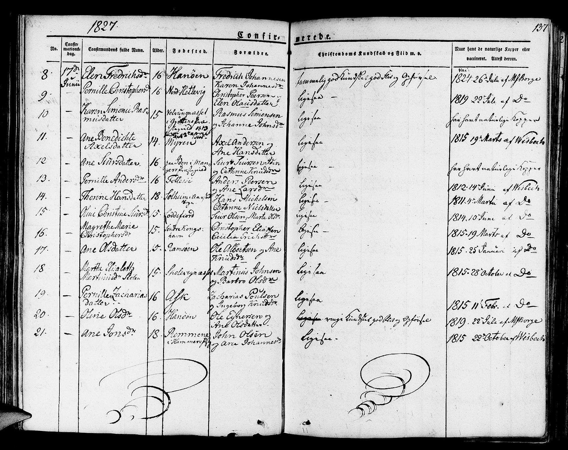 Askøy Sokneprestembete, SAB/A-74101/H/Ha/Haa/Haaa/L0004: Parish register (official) no. A 4, 1825-1845, p. 137