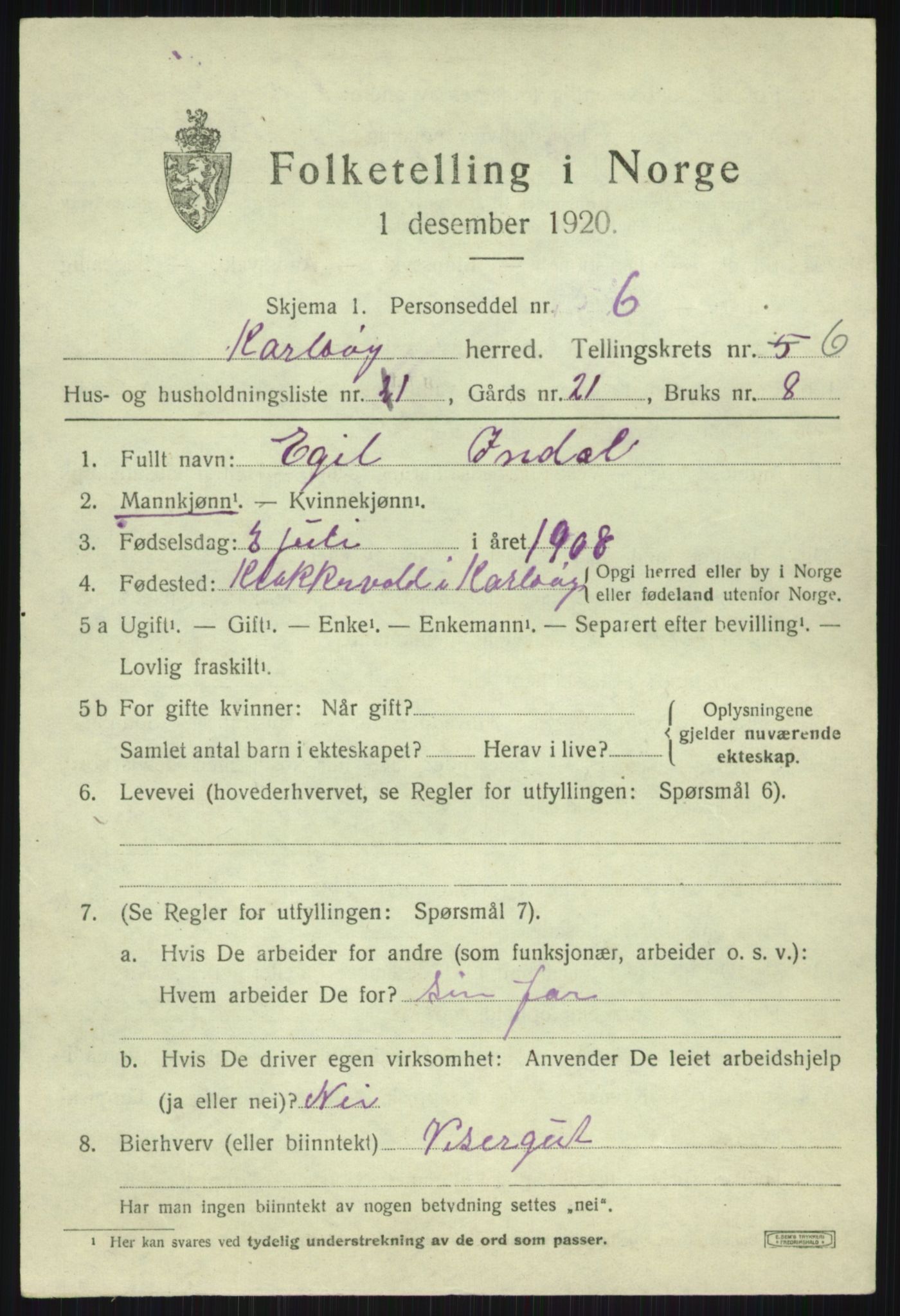 SATØ, 1920 census for Karlsøy, 1920, p. 2463