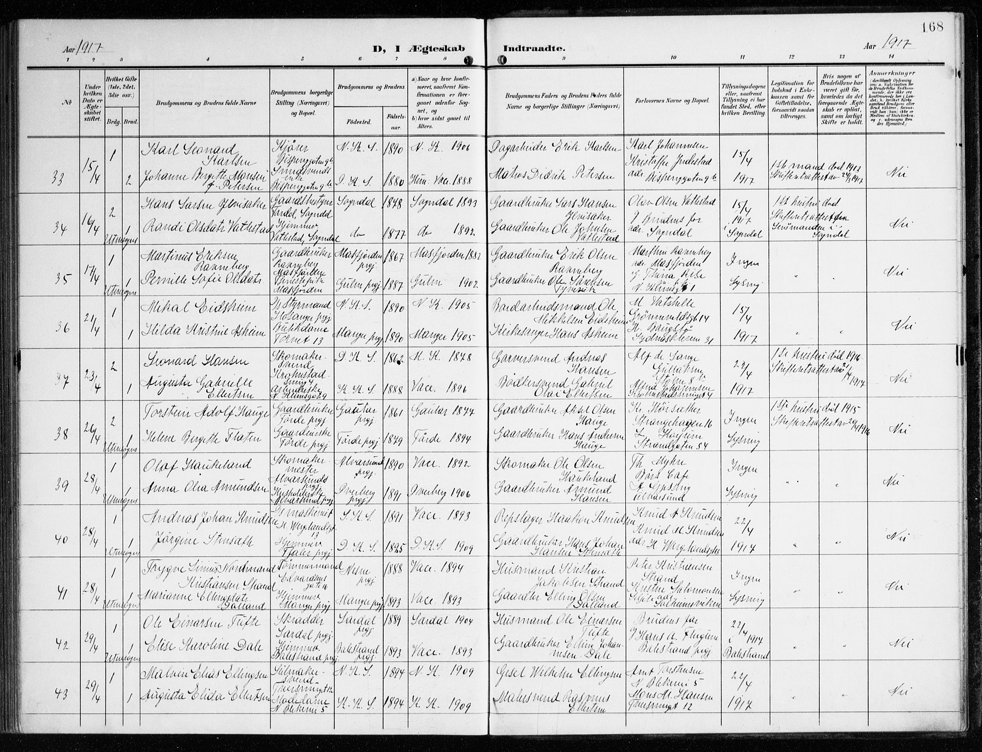 Korskirken sokneprestembete, AV/SAB-A-76101/H/Haa/L0038: Parish register (official) no. D 5, 1904-1919, p. 168