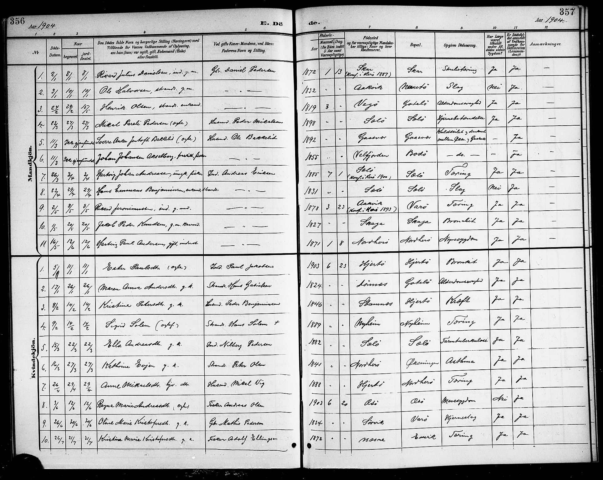 Ministerialprotokoller, klokkerbøker og fødselsregistre - Nordland, SAT/A-1459/834/L0516: Parish register (copy) no. 834C06, 1902-1918, p. 356-357