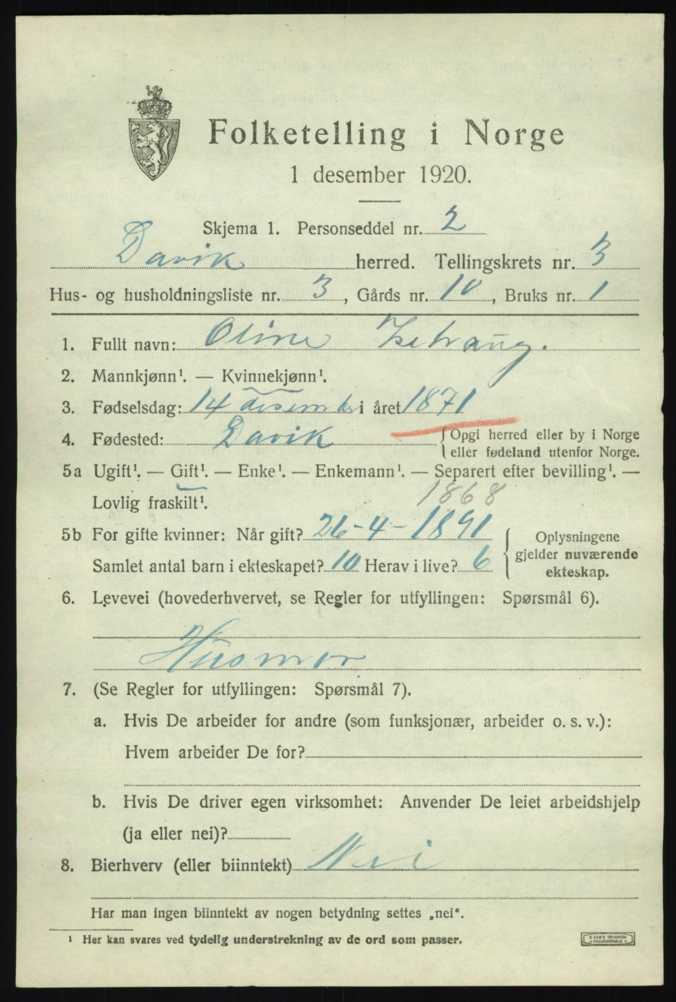 SAB, 1920 census for Davik, 1920, p. 1817